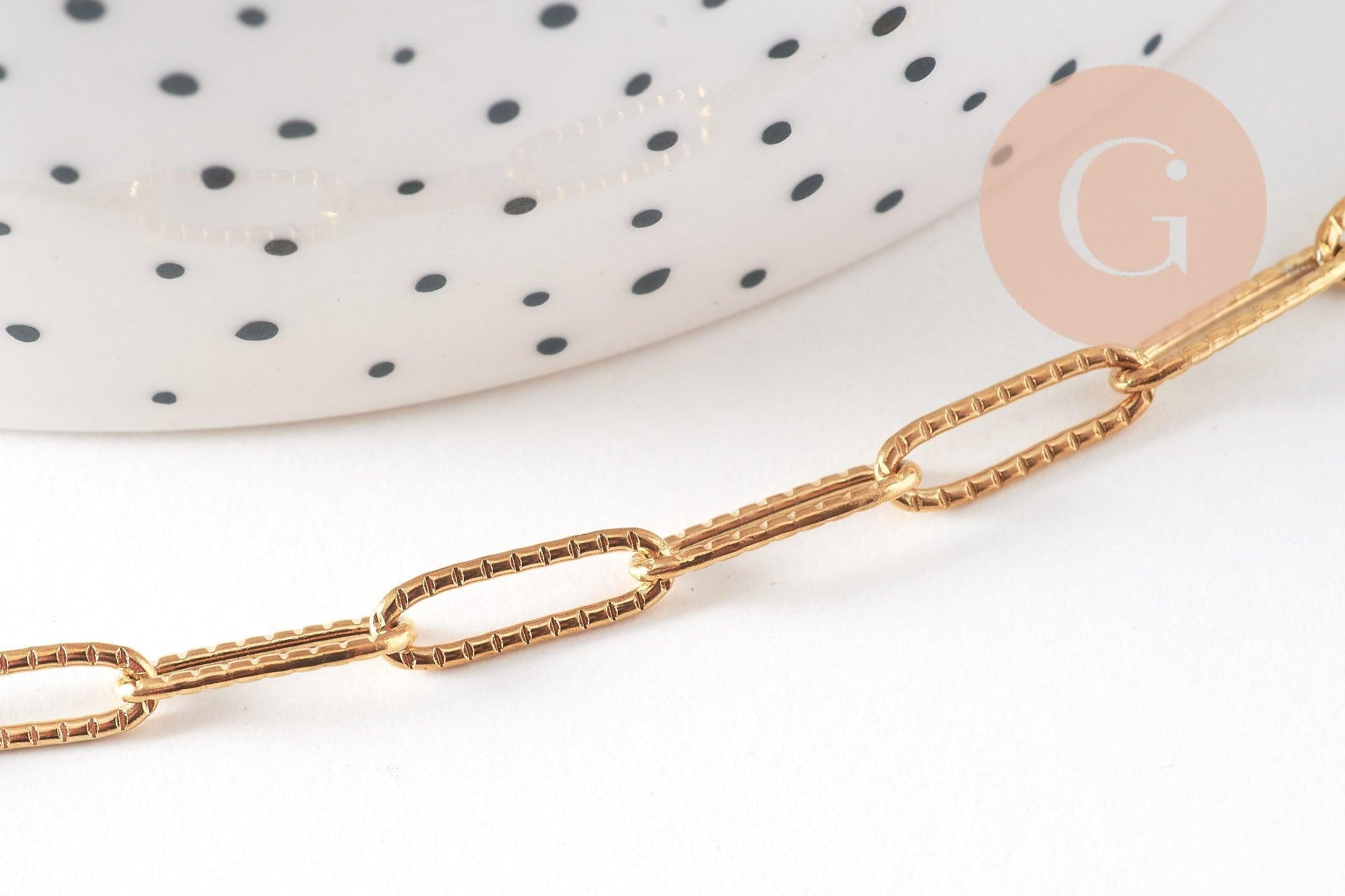 Bracelet trombone striée acier doré 14k inoxydable, fermoir en T, sans nickel, 20.9cm, x1 (G5805)