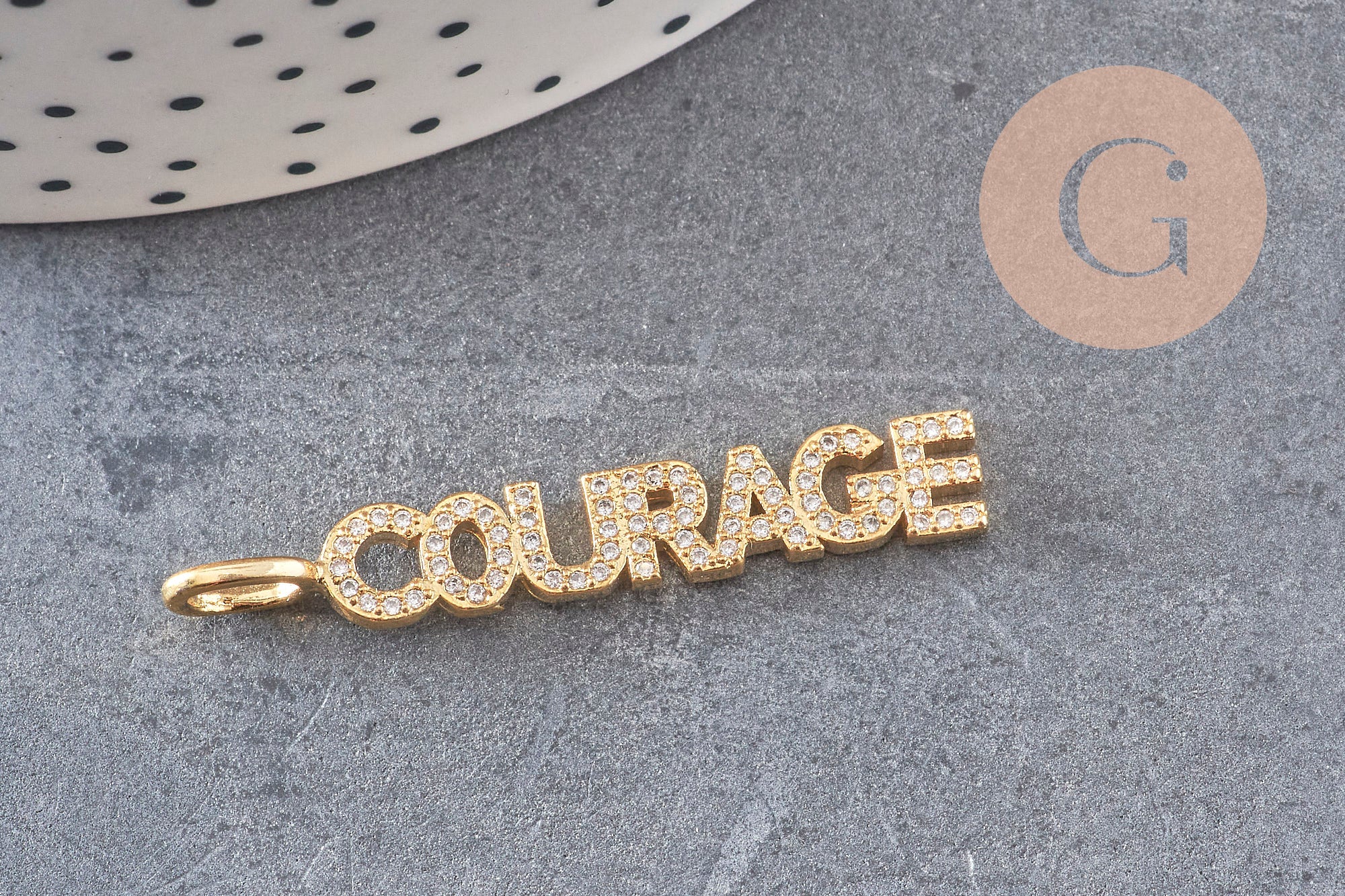 Breloque COURAGE laiton doré 18k cristal 40mm, x1 (G6359)