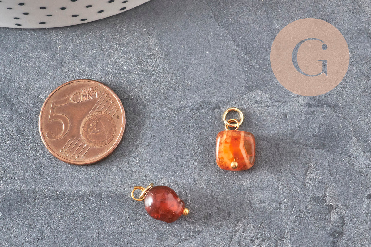 Breloque cube agate naturelle orange métal doré 18K 14.5mm, x1 (G11329)-Breloques et pendentifs-Gingerlily Perles
