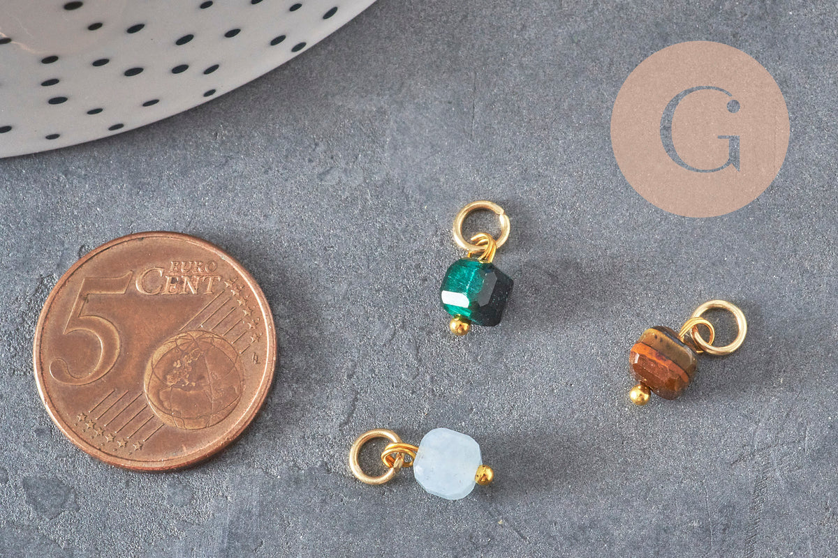 Breloque cube pierre naturelle acier 304 inoxydable doré 10mm, x1 (G11388)-Breloques et pendentifs-Gingerlily Perles