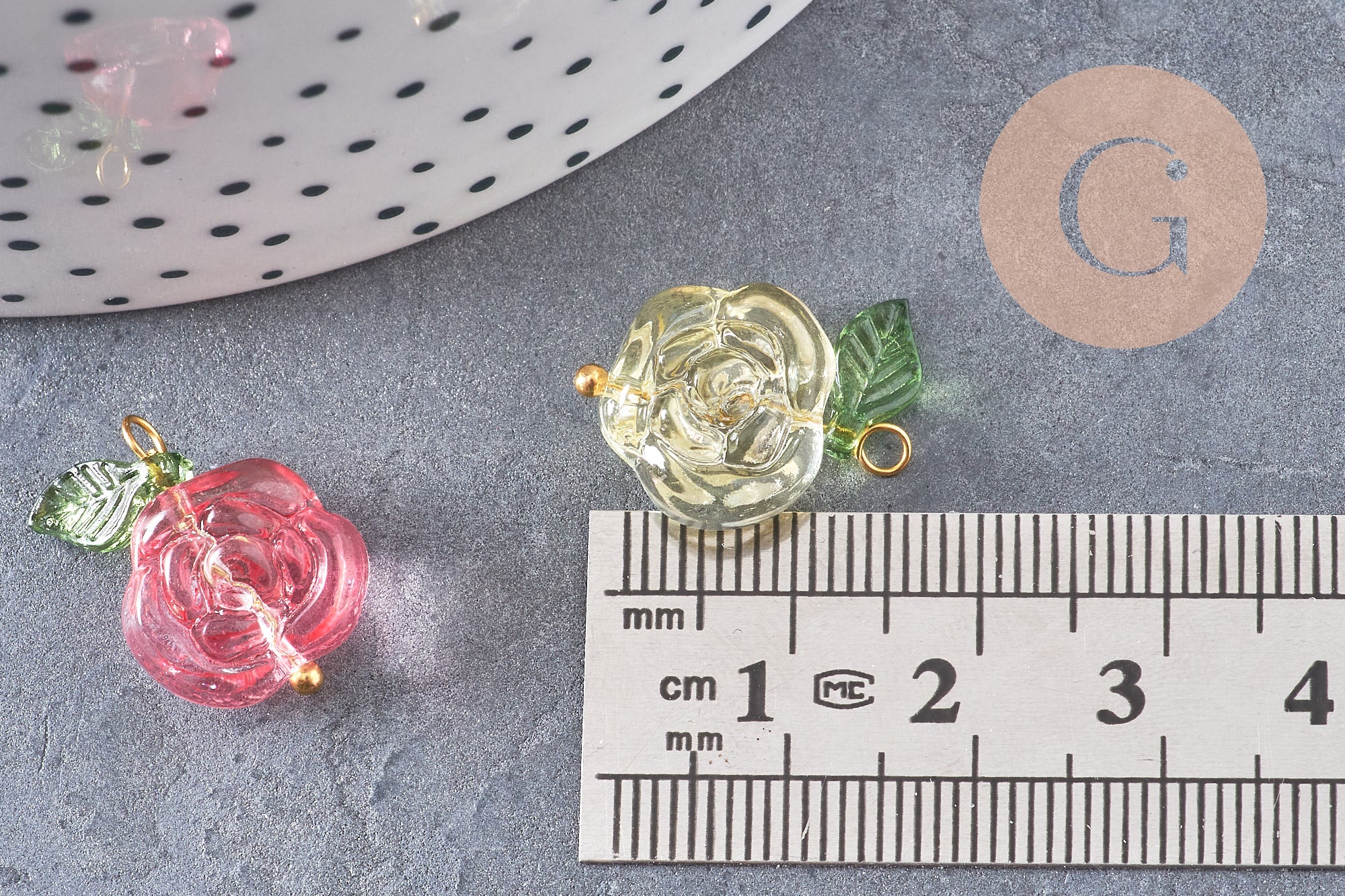 Breloque fleur rose verre multicolore laiton doré 21.5mm, x5 (G10811)