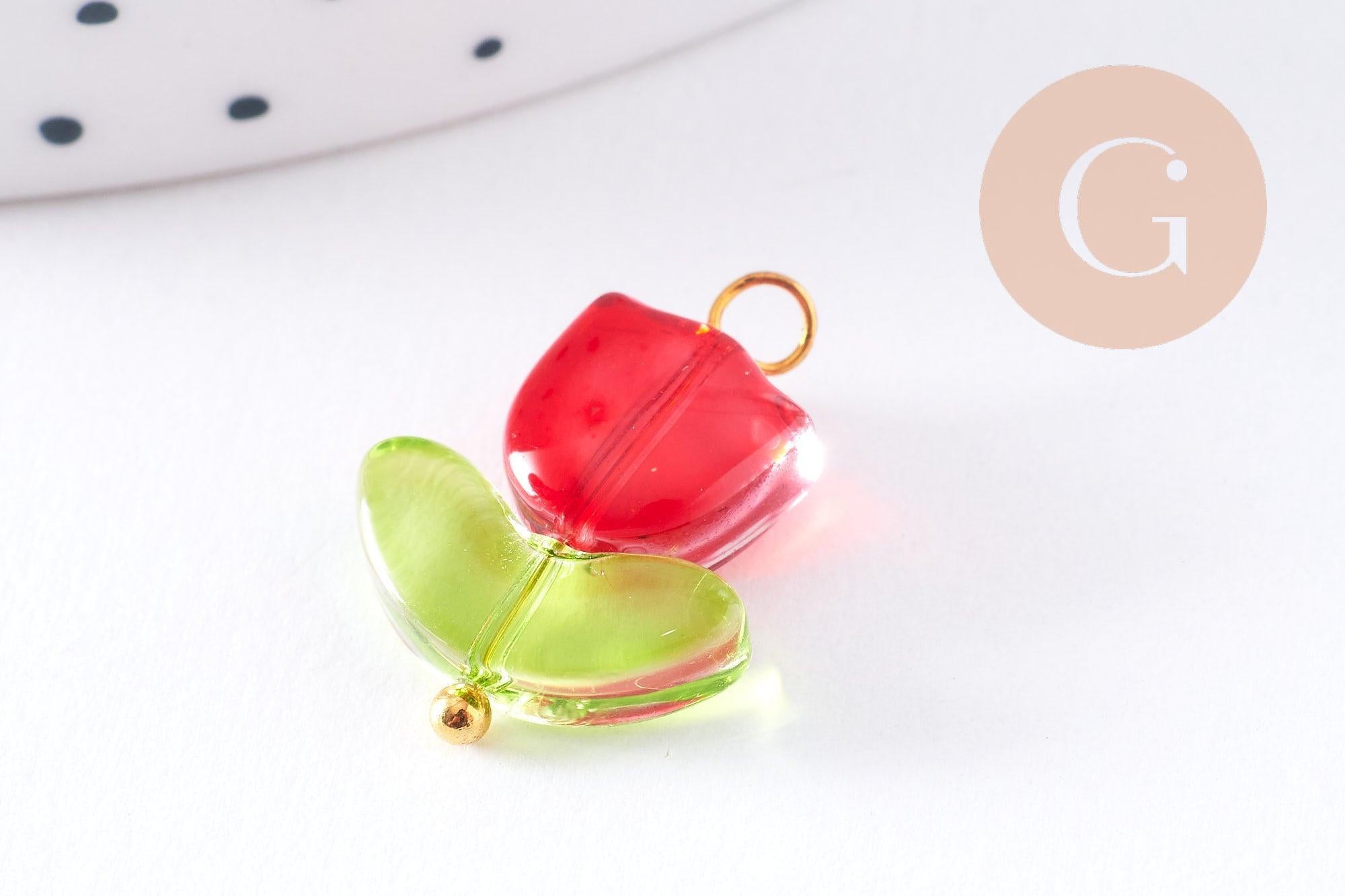 Breloque fleur tulipe verre rouge laiton doré 20mm, x5 (G10626)