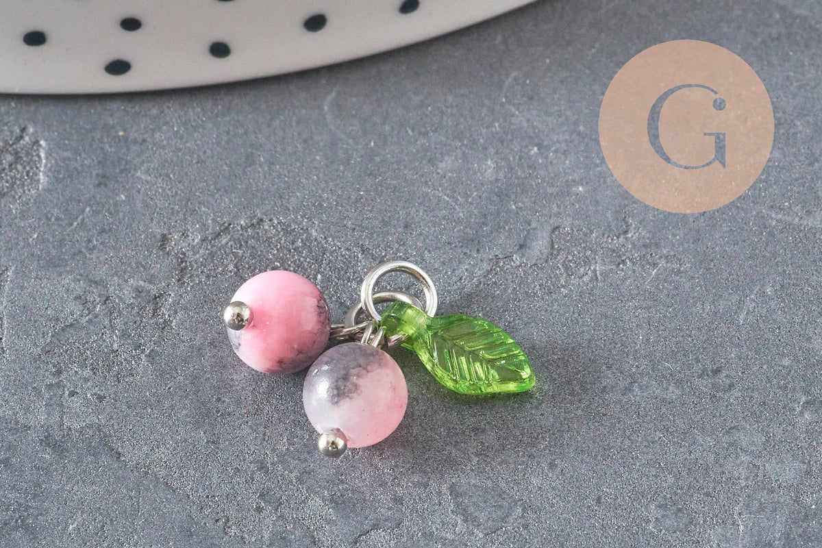Breloque fruit cerise jade persan naturel teinté acier inoxydable platine 14mm, x1 (G11379)-Breloques et pendentifs-Gingerlily Perles