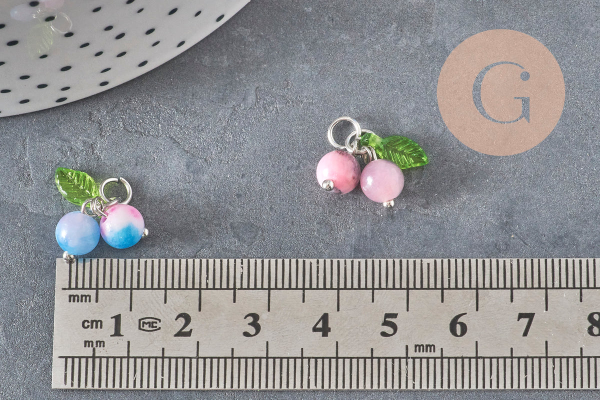 Breloque fruit cerise jade persan naturel teinté acier inoxydable platine 14mm, x1 (G11379)-Breloques et pendentifs-Gingerlily Perles