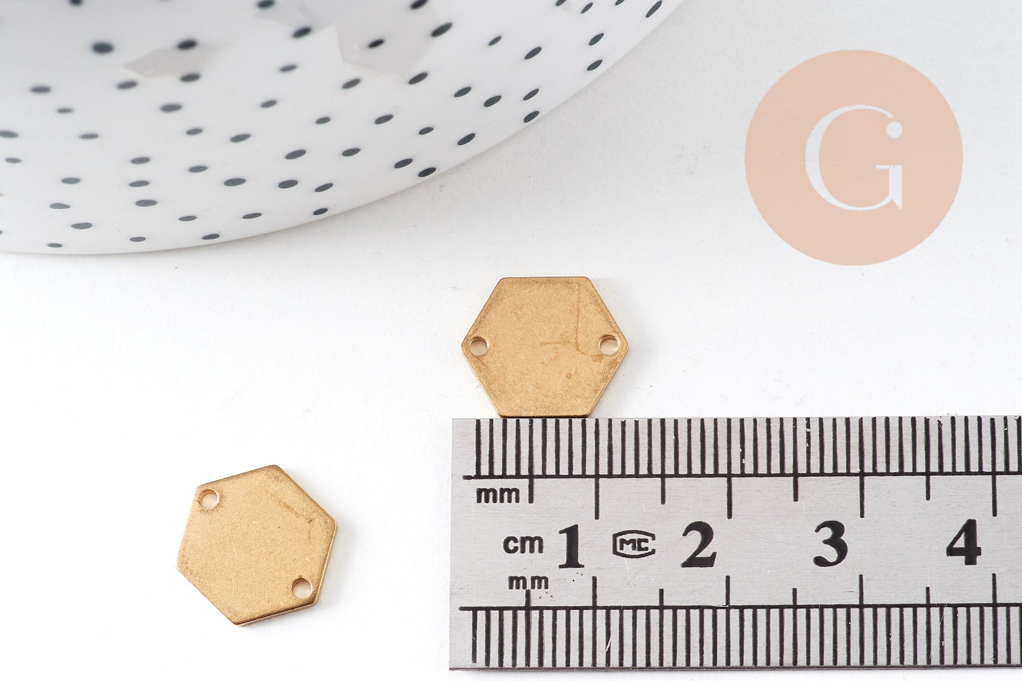 Breloque hexagone laiton brut 2 trous 12mm, pendentif géométrique sans nickel x10 (G1249)
