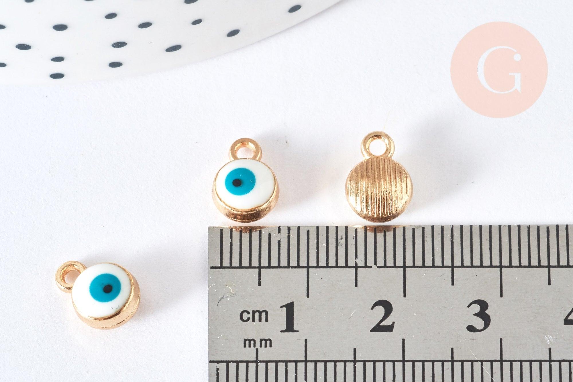 Breloque rond Œil émail blanc 10mm, pendentif mauvais œil en résine, création bijoux chance, x 10 G7117