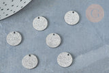 Breloque ronde plate texturée argentée acier 304 inoxydable argentée 12mm, x 10 G8328