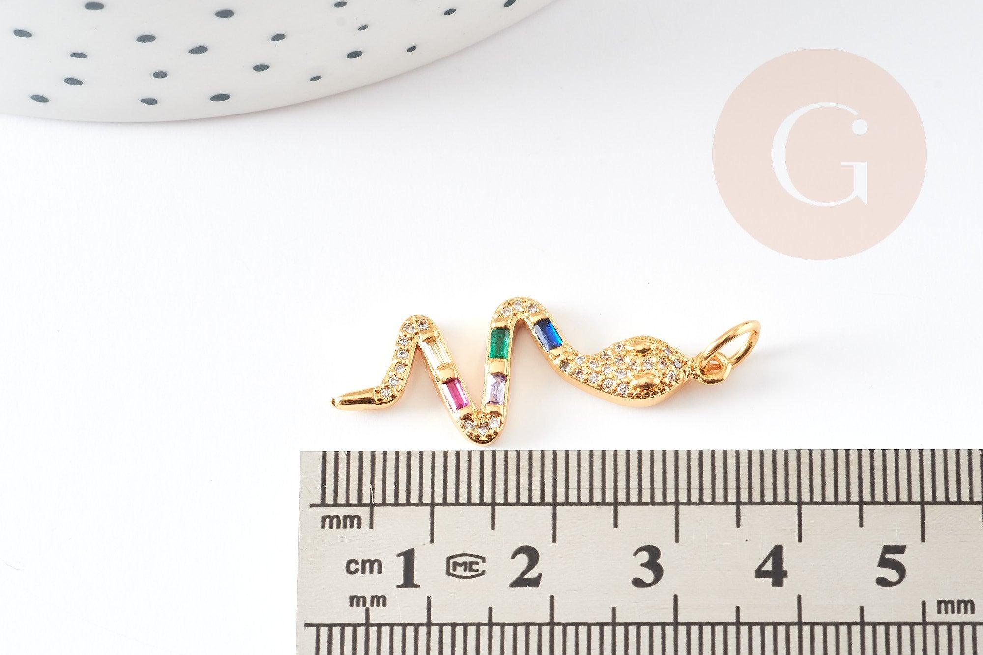 Breloque serpent laiton doré 18k cristal sans nickel,cadeau anniversaire,pendentif animal zircon, 32.5mm, x1 G4008