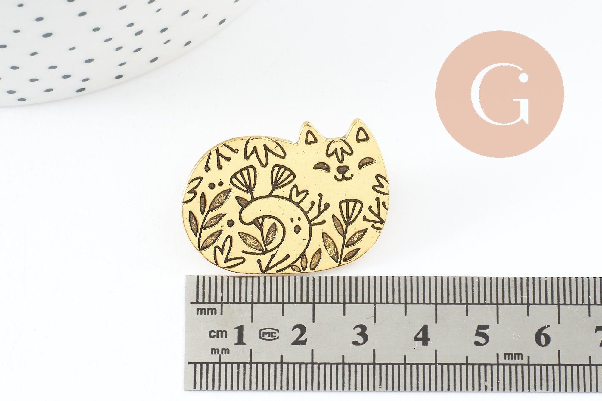 Broche chat gravée acier 304 inoxydable doré 34mm, x1 (G9786)