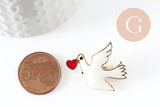 Broche colombe blanche coeur rouge zamac doré 29mm, x1 (G9460)