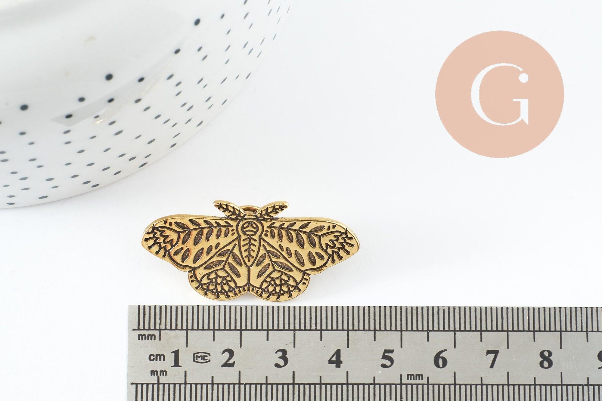Broche papillon gravée acier 304 inoxydable doré 41mm, x1 (G9787)