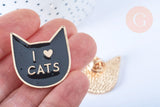 Broche pins chat noir "I LOVE CAT" doré émail 14mm,broche dorée customisation vêtements,x1 G6614