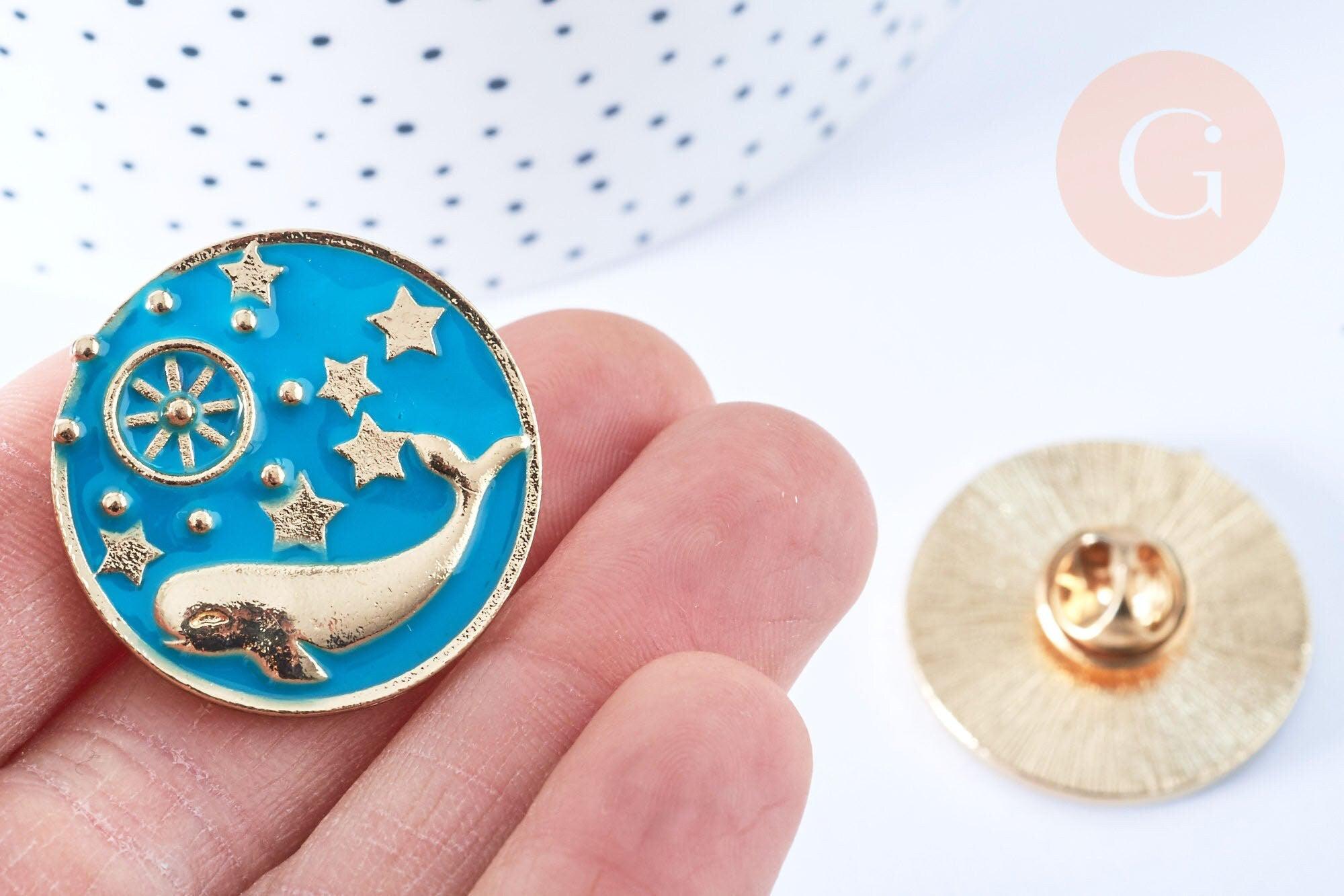 Broche pins rond baleine émail bleu turquoise doré émail 30mm, x1 (G6624)