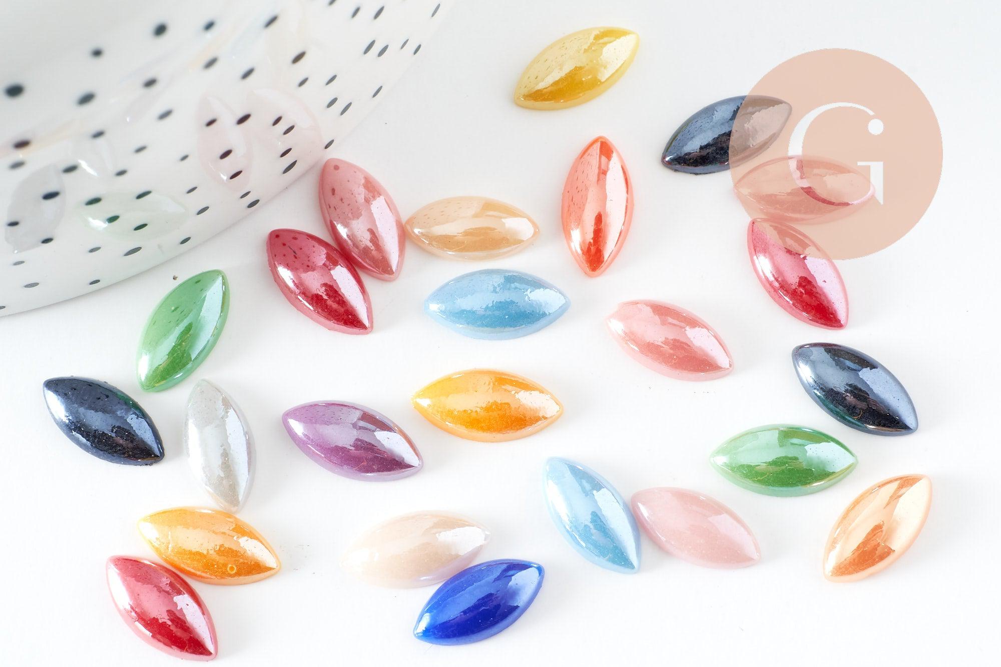 Cabochon dôme marquise verre irisé 14x7mm, x10 (G2282)