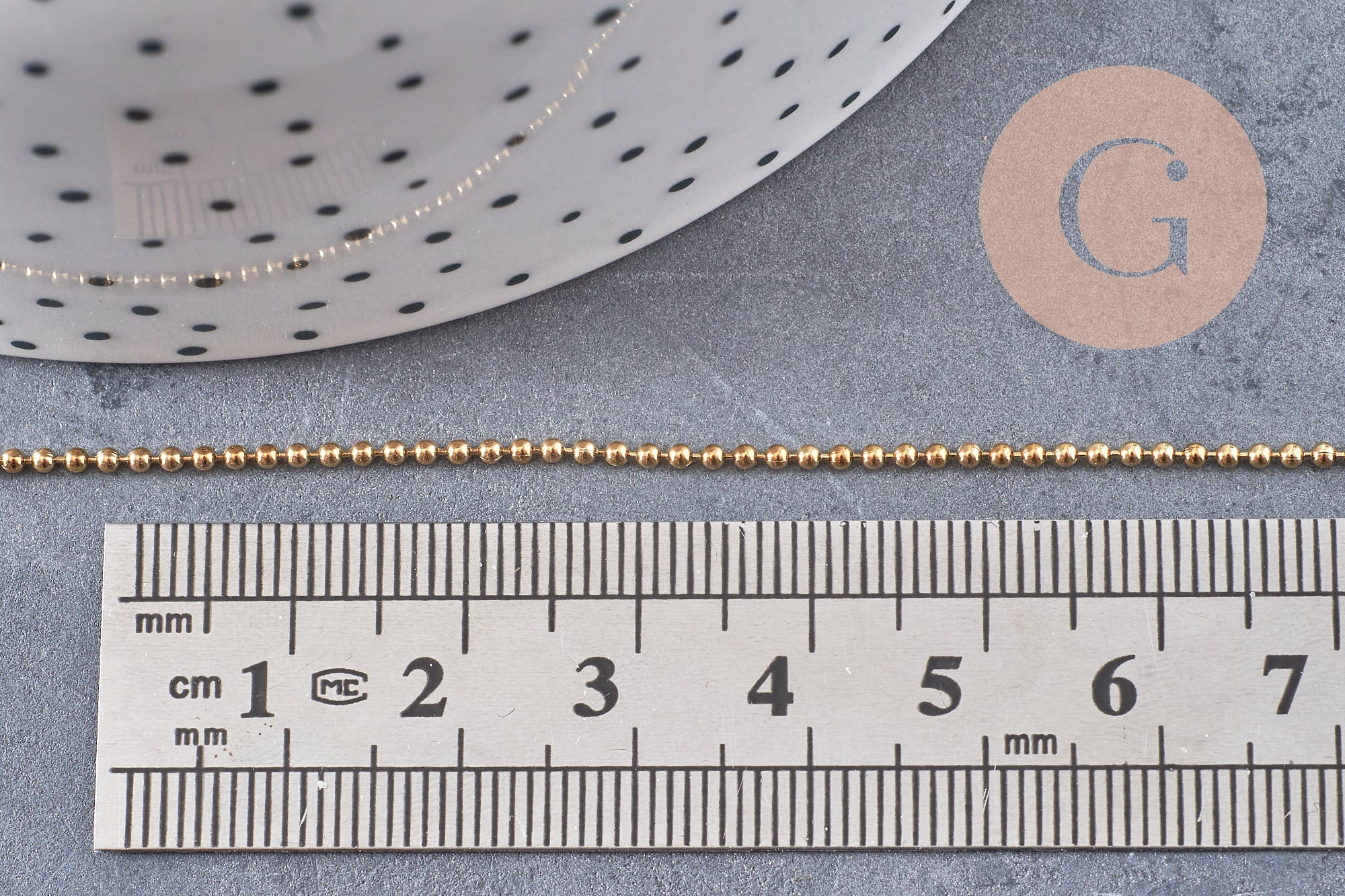 Chaine acier boule 1.4mm dorée 14k, x1 mètre (G1562)