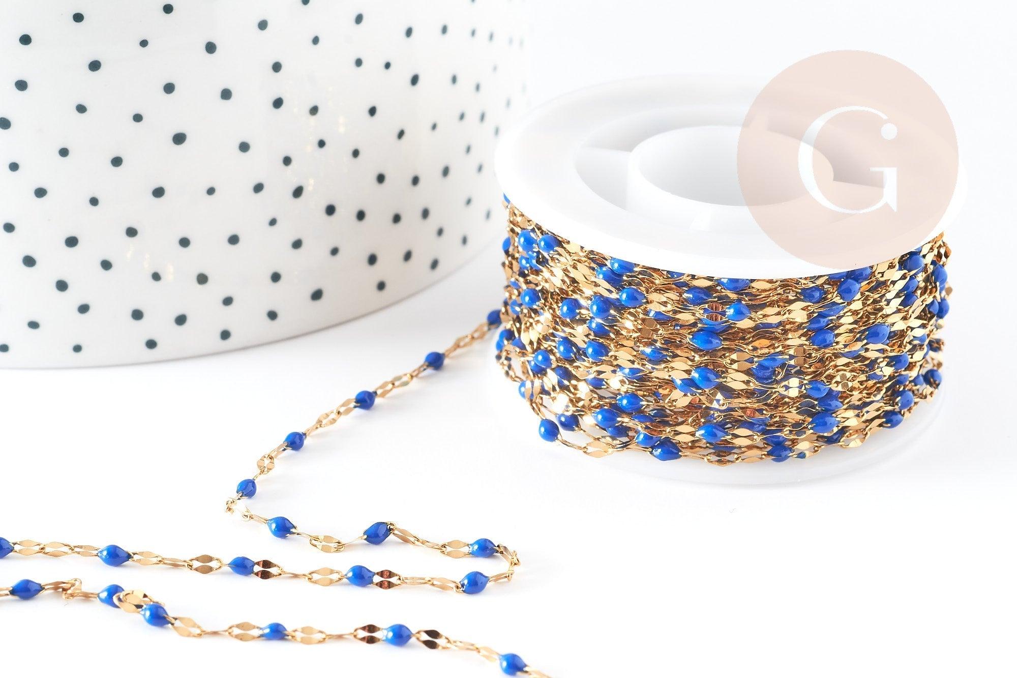 Chaine acier inoxydable 304 doré IP 14k fantaisie résine bleue 2mm, x1 mètre (G0942)