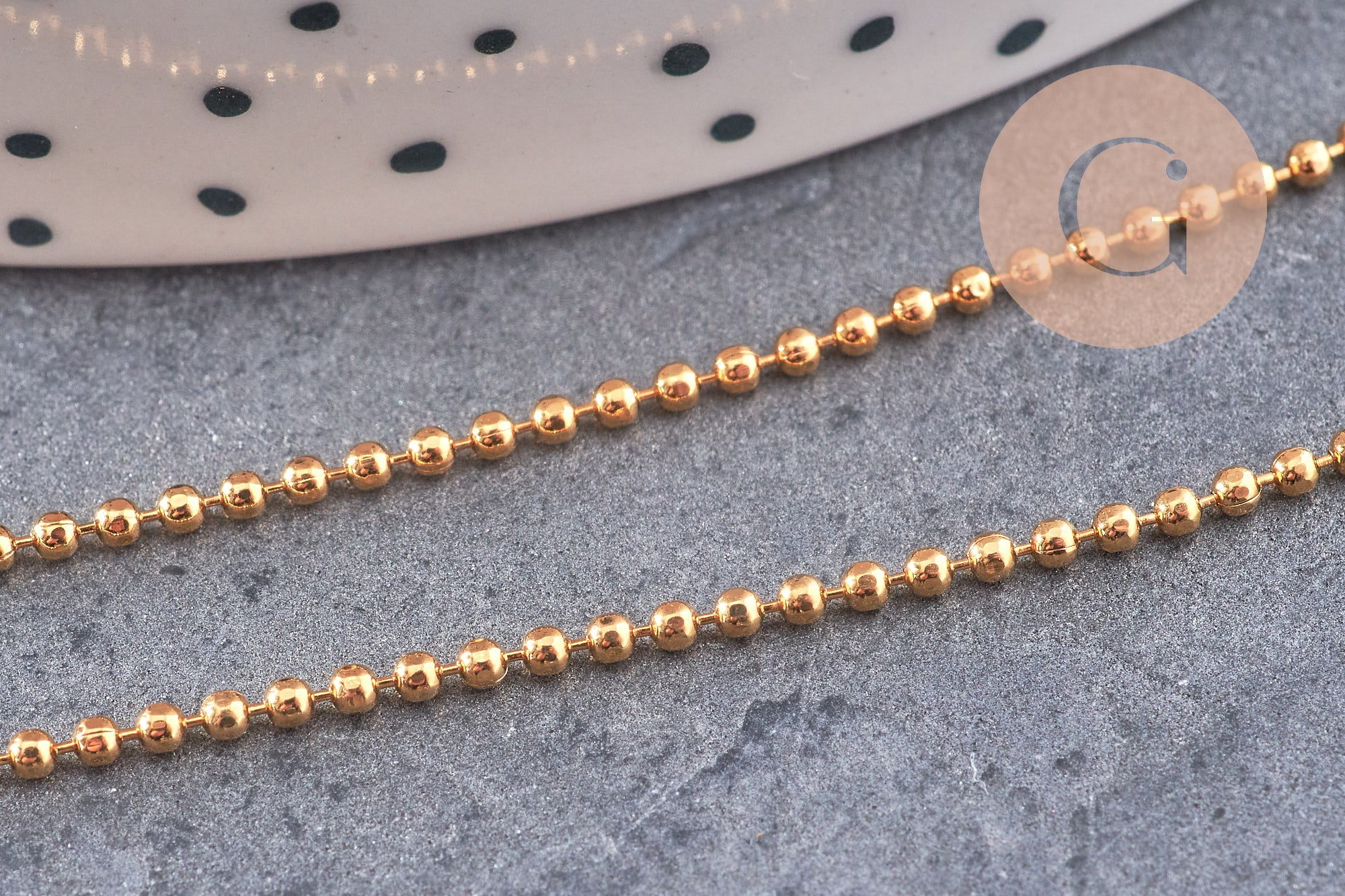 Chaine boule dorée 16k, fourniture créative, chaine bijou,or véritable, création bijoux, grossiste chaine,1.5mm, x 1Mètre (G0931)