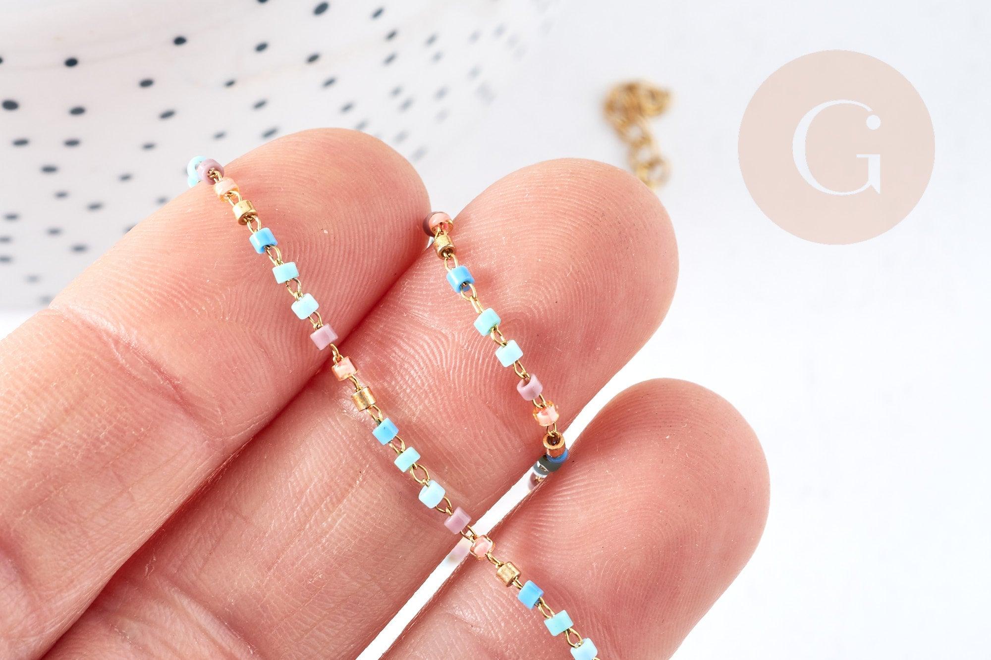 Collier Chaine complète acier inoxydable 304 doré perles rocaille multicolores artisanales 40.7cm, x1 G8777