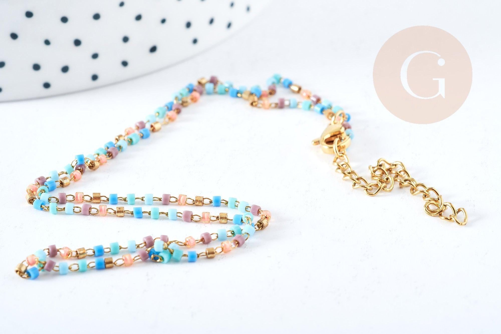 Collier Chaine complète acier inoxydable 304 doré perles rocaille multicolores artisanales 40.7cm, x1 G8777