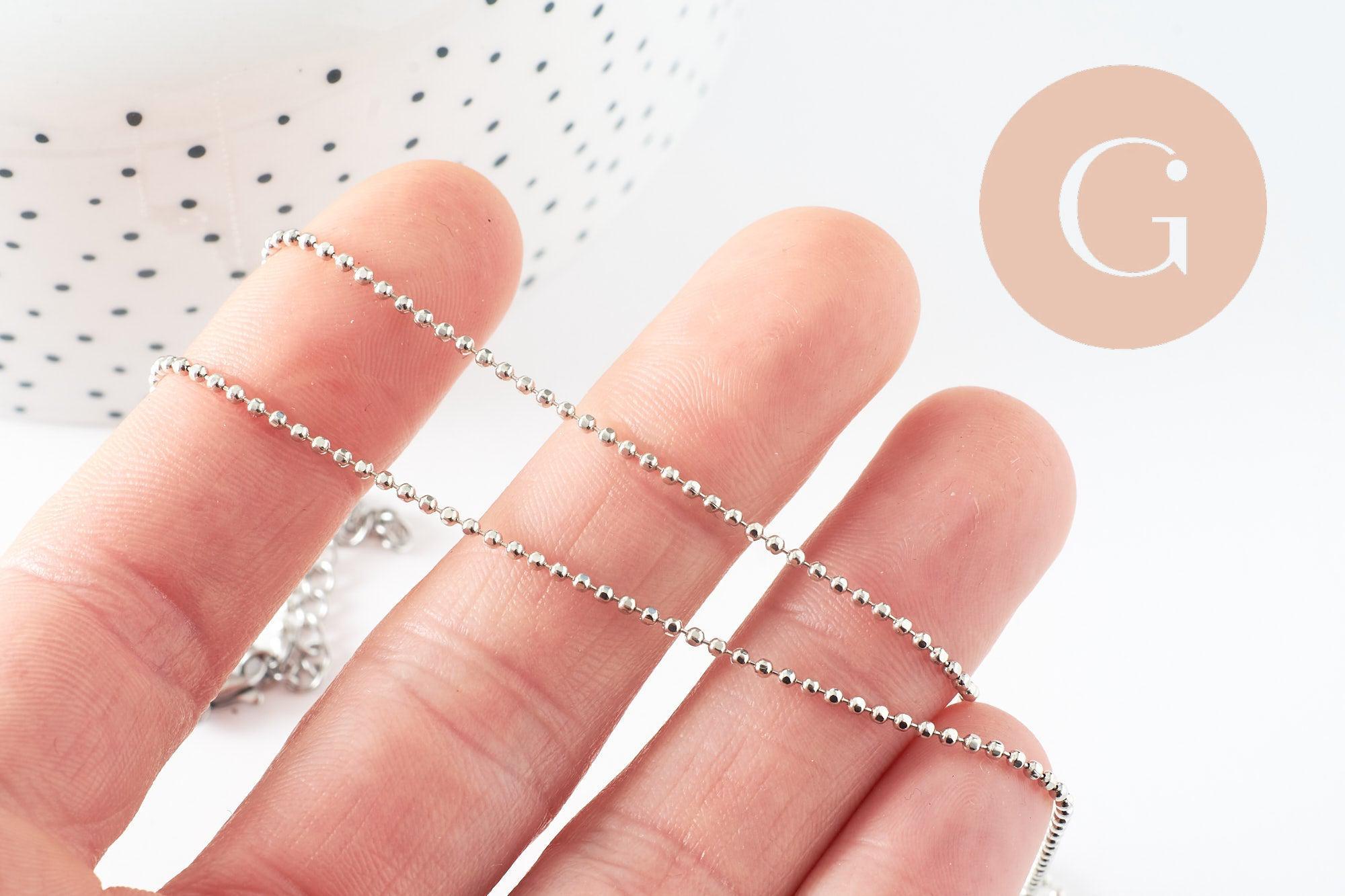 Collier Chaine complète boule acier 304 inoxydable platine 1.5mm/45.5cm,chaine fine argentée avec fermoir création collier x1 (G9778)