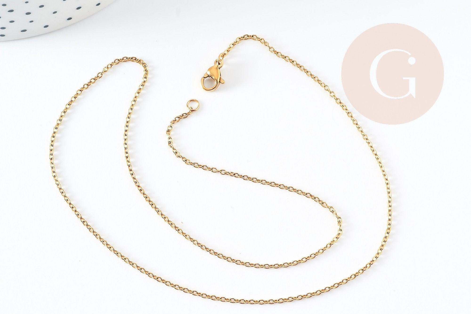 Collier Chaine complète forçat acier inoxydable doré IP 45cm avec fermoir, x1 (G9206)