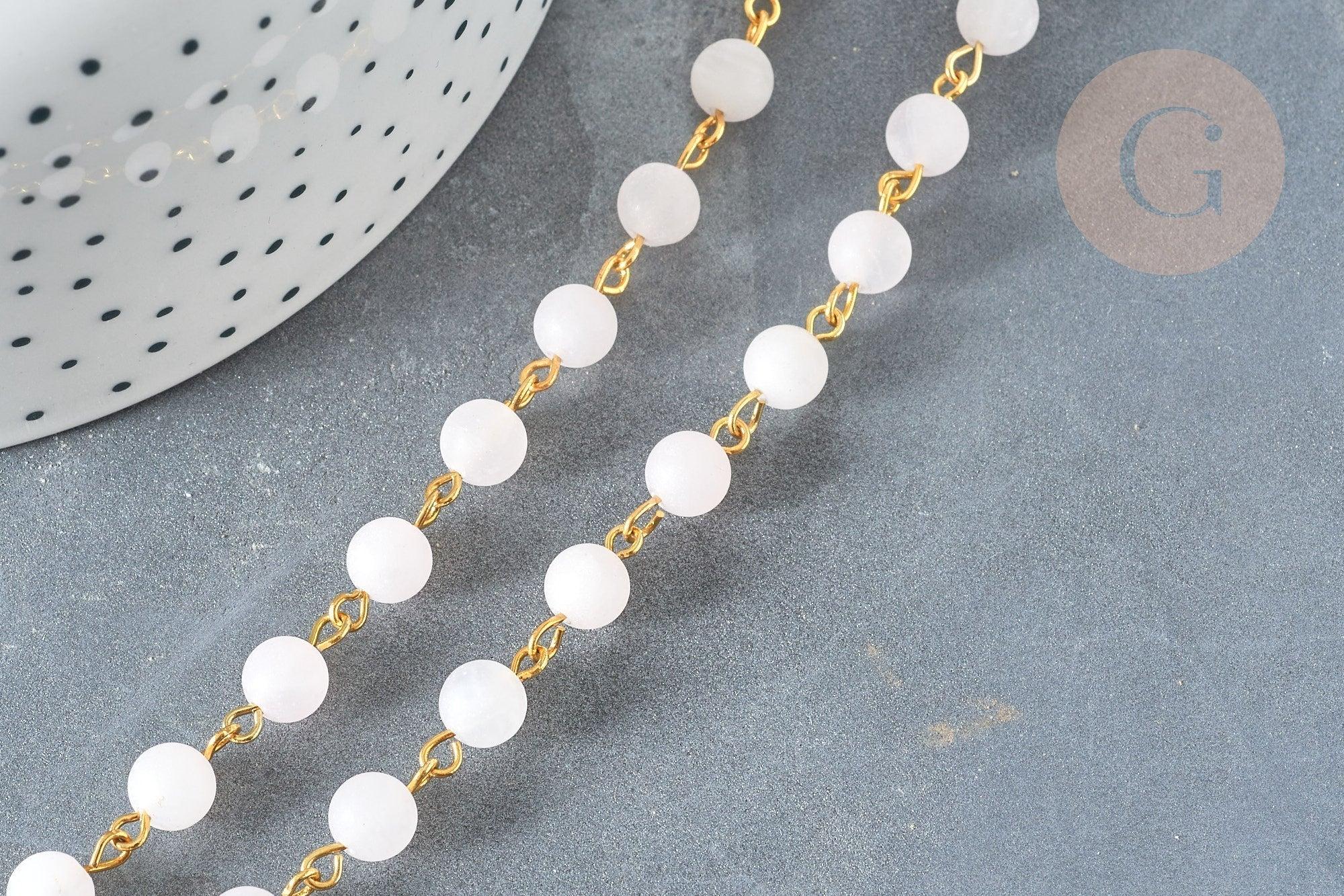 Chaine perle quartz rose ronde laiton doré 6.5mm, x1 mètre (G7357)