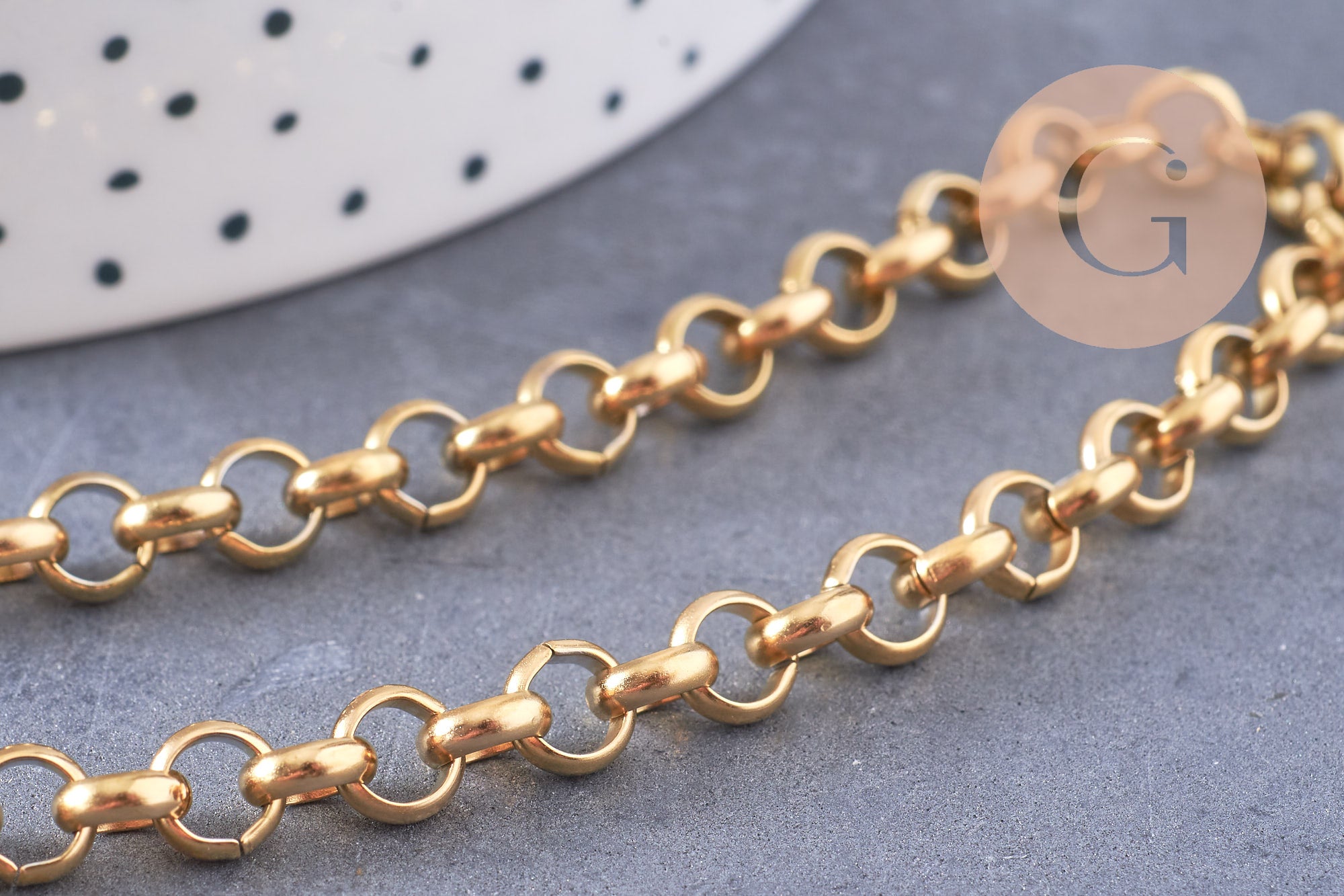Chaine maille rolo acier 304 inoxydable doré IP 18k 6mm, x1 mètre (G2840)