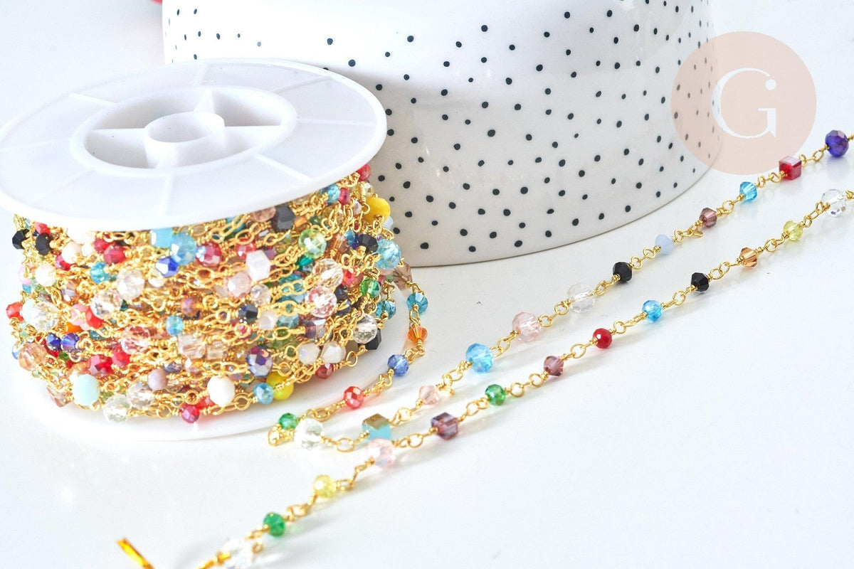 Chaine perle verre facettée coloré fer doré 4~6x3~5mm, création de bijoux coloré DIY, x1 mètre (G7816)