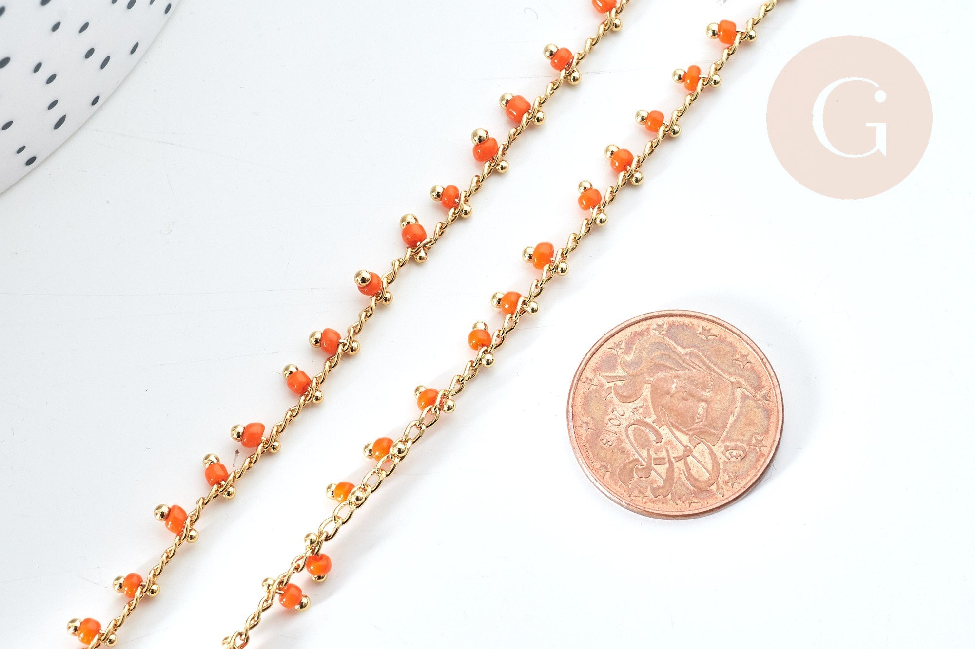Chaine perles de rocaille orange laiton doré 6x2~3mm, x1 mètre (G7818)