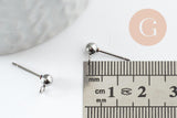 Clous puces oreille boule acier 304 inoxydable platine avec anneau 15mm, x10 (G9646)