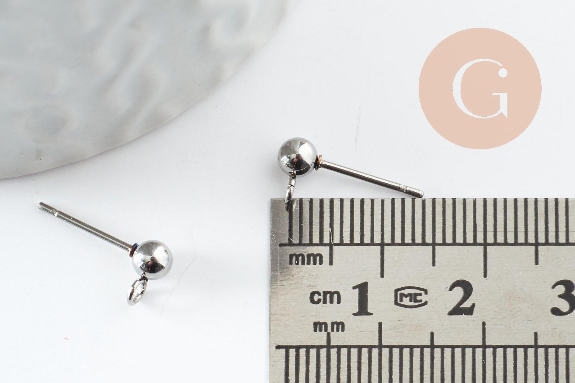 Clous puces oreille boule acier 304 inoxydable platine avec anneau 15mm, x10 (G9646)