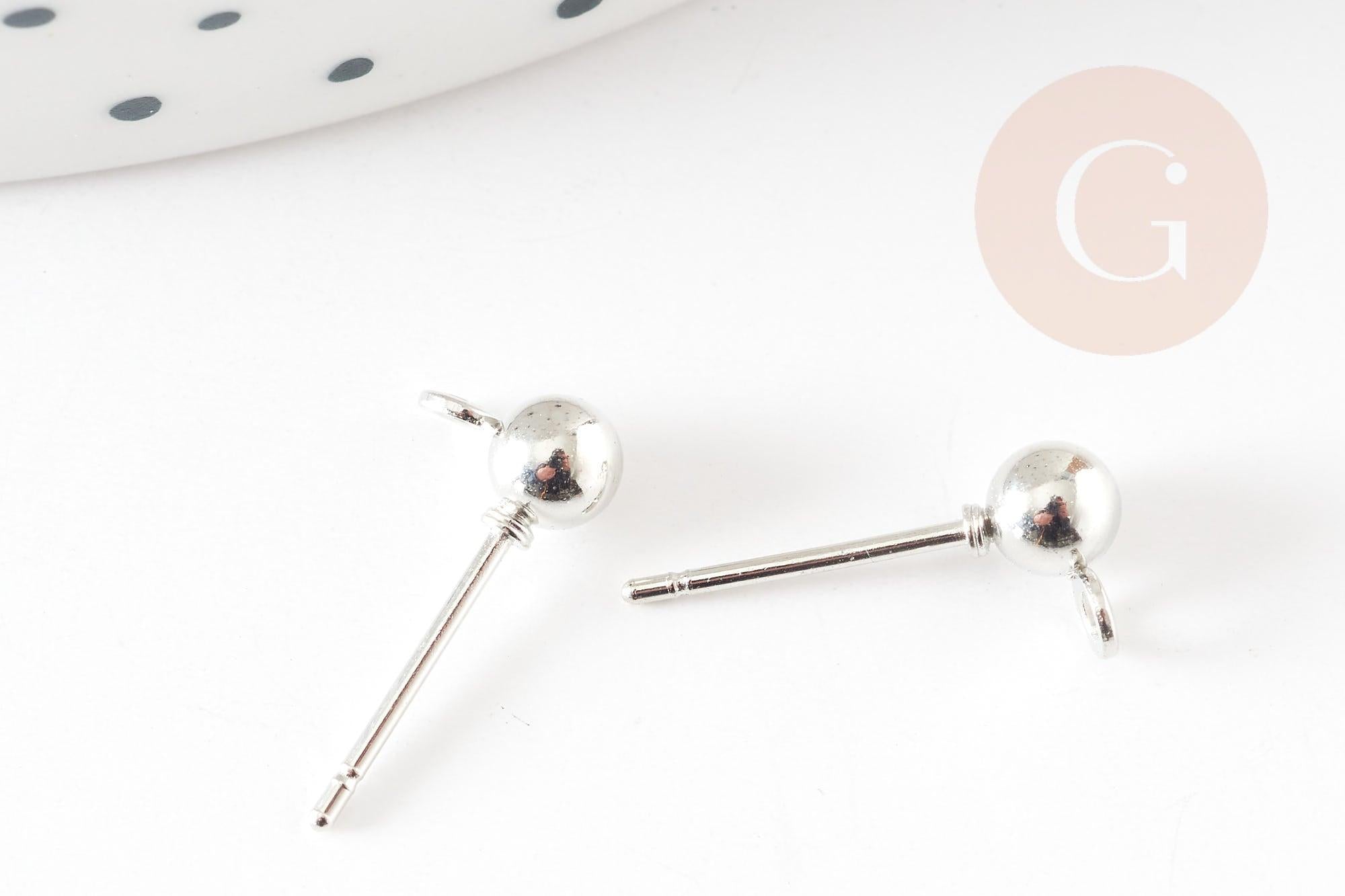 Clous-puces oreille boule acier 304 platine et anneau 5mm, x10 (G9269)