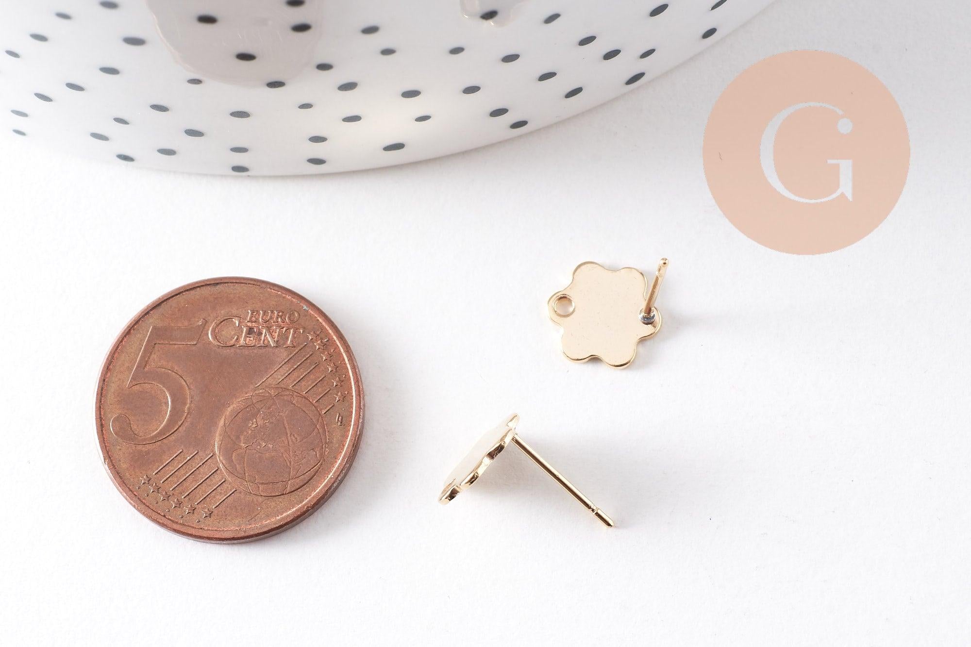Clous-puces oreille fleur acier 201/316 inoxydable dore 24K lisse 1 trou 9mm, la paire (G10487)