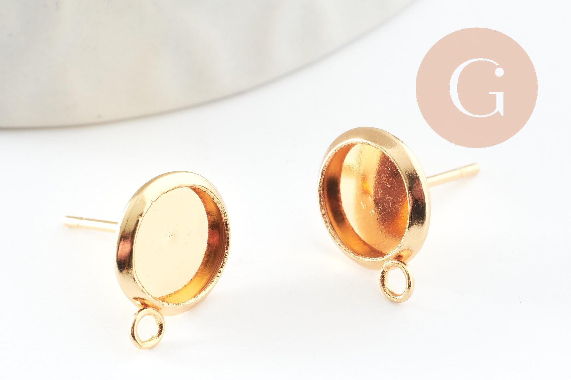 Clous-puces oreille support cabochon rond 8mm acier 304 inoxydable dore avec anneau, x2 (G9588)