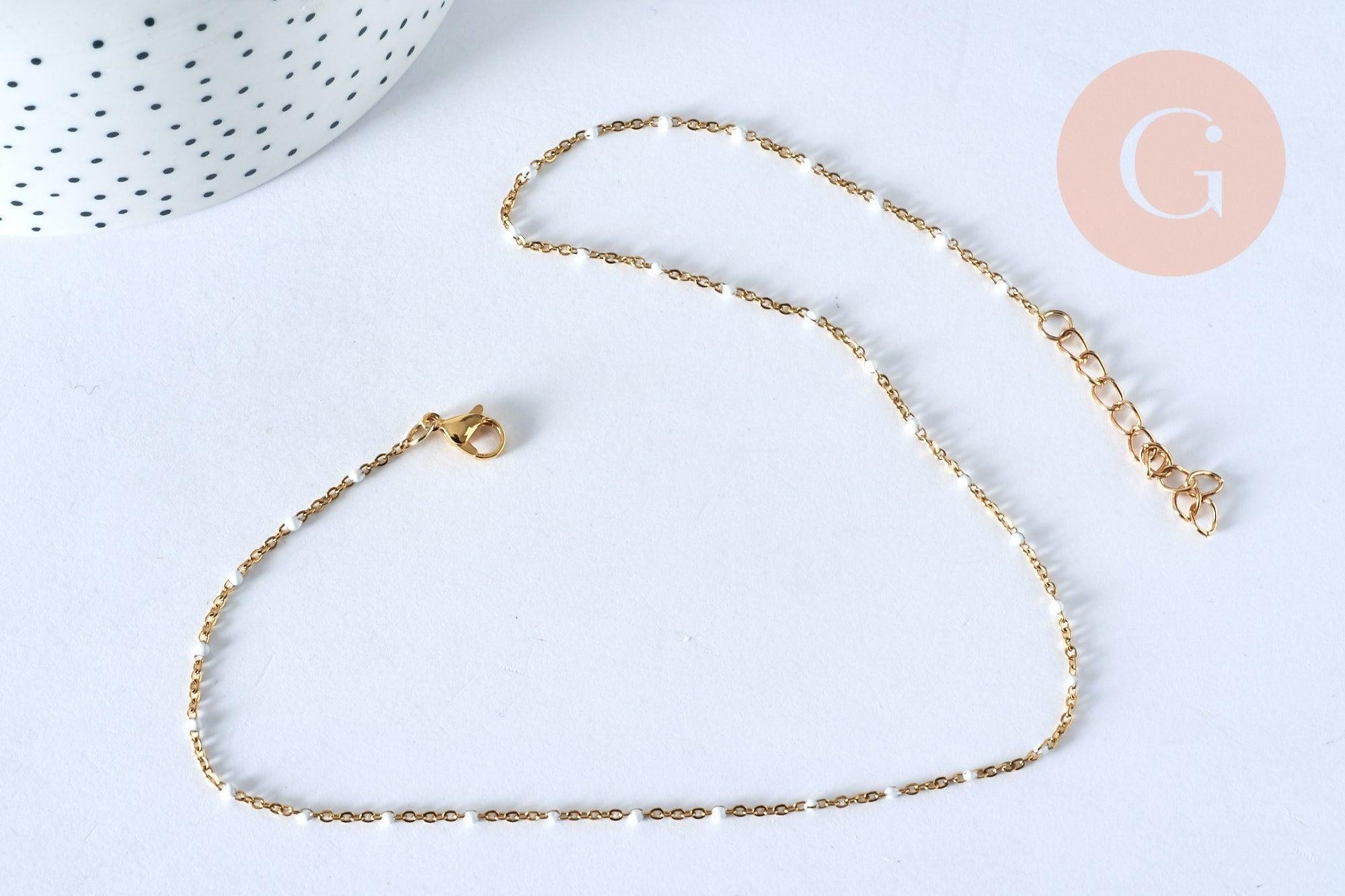 Collier Chaine acier doré inoxydable 304 18k fantaisie résine blanche 2mm-40cm, x1 (G3267)