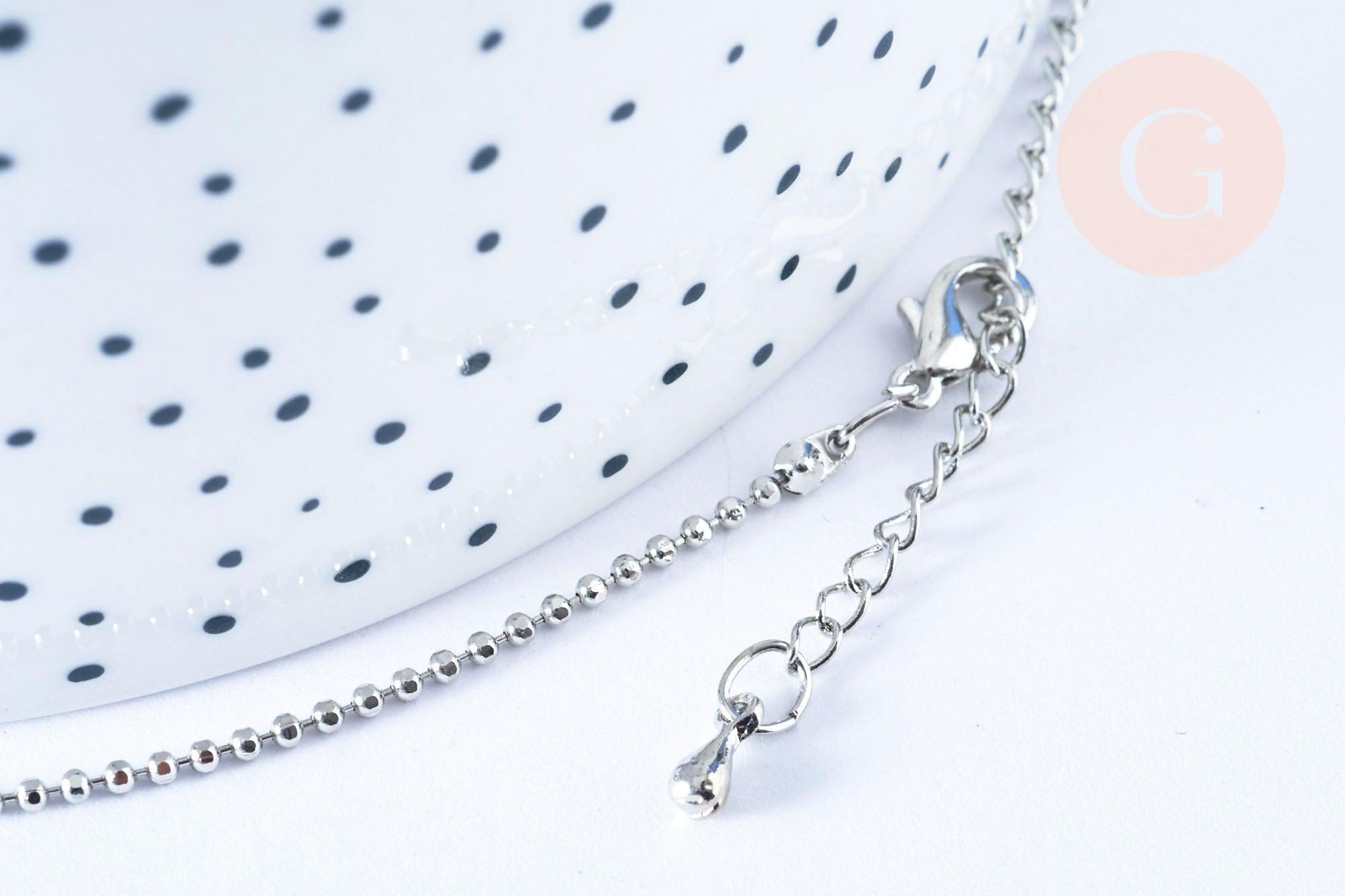 Collier Chaine boule fine laiton platine boule facettes 1.5mm/45cm,chaine collier laiton argenté chaine complète avec fermoir x1 G6202