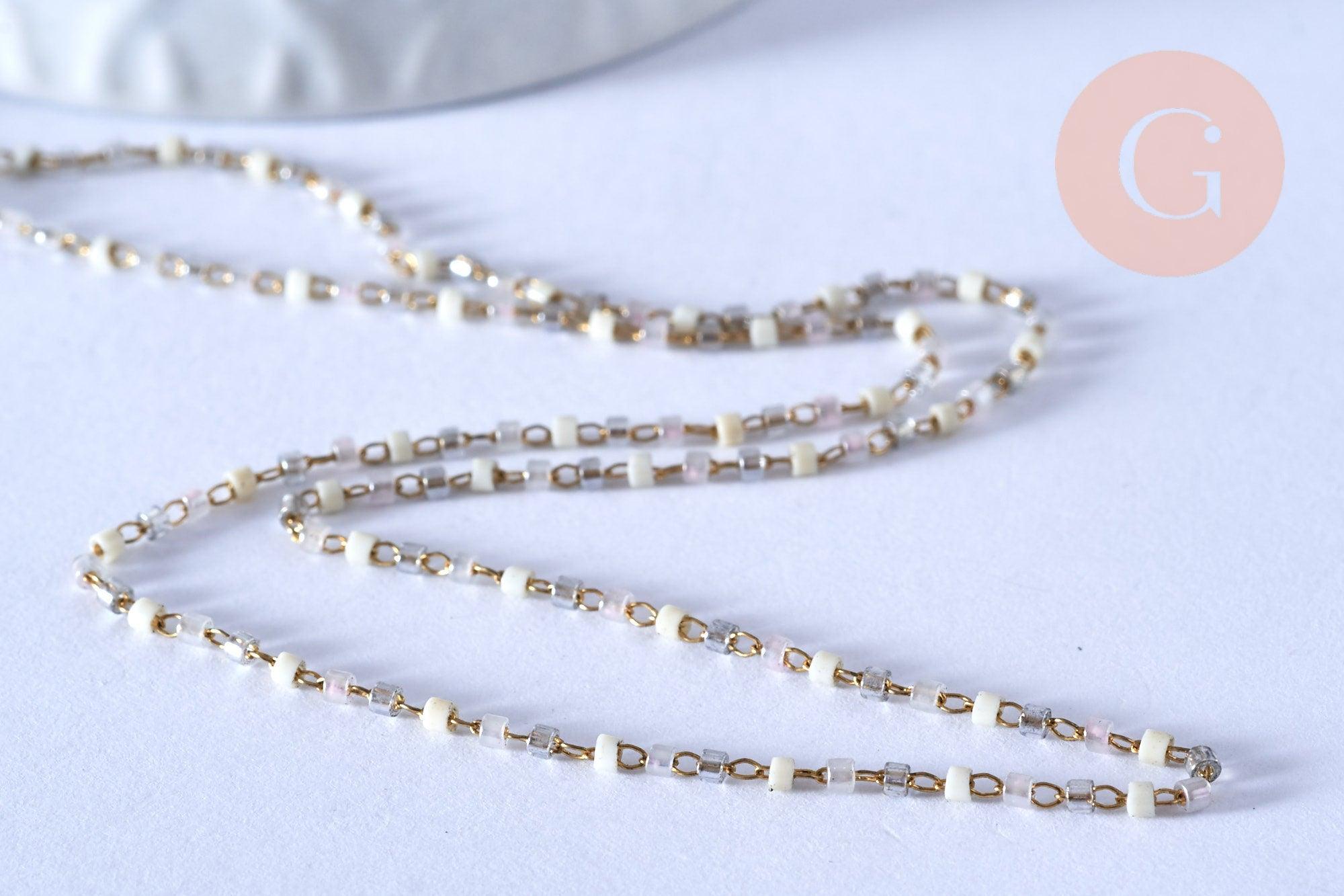 Collier Chaine complète acier doré perles rocaille blanches artisanales, acier inoxydable doré,40.7cm, x1 G3778