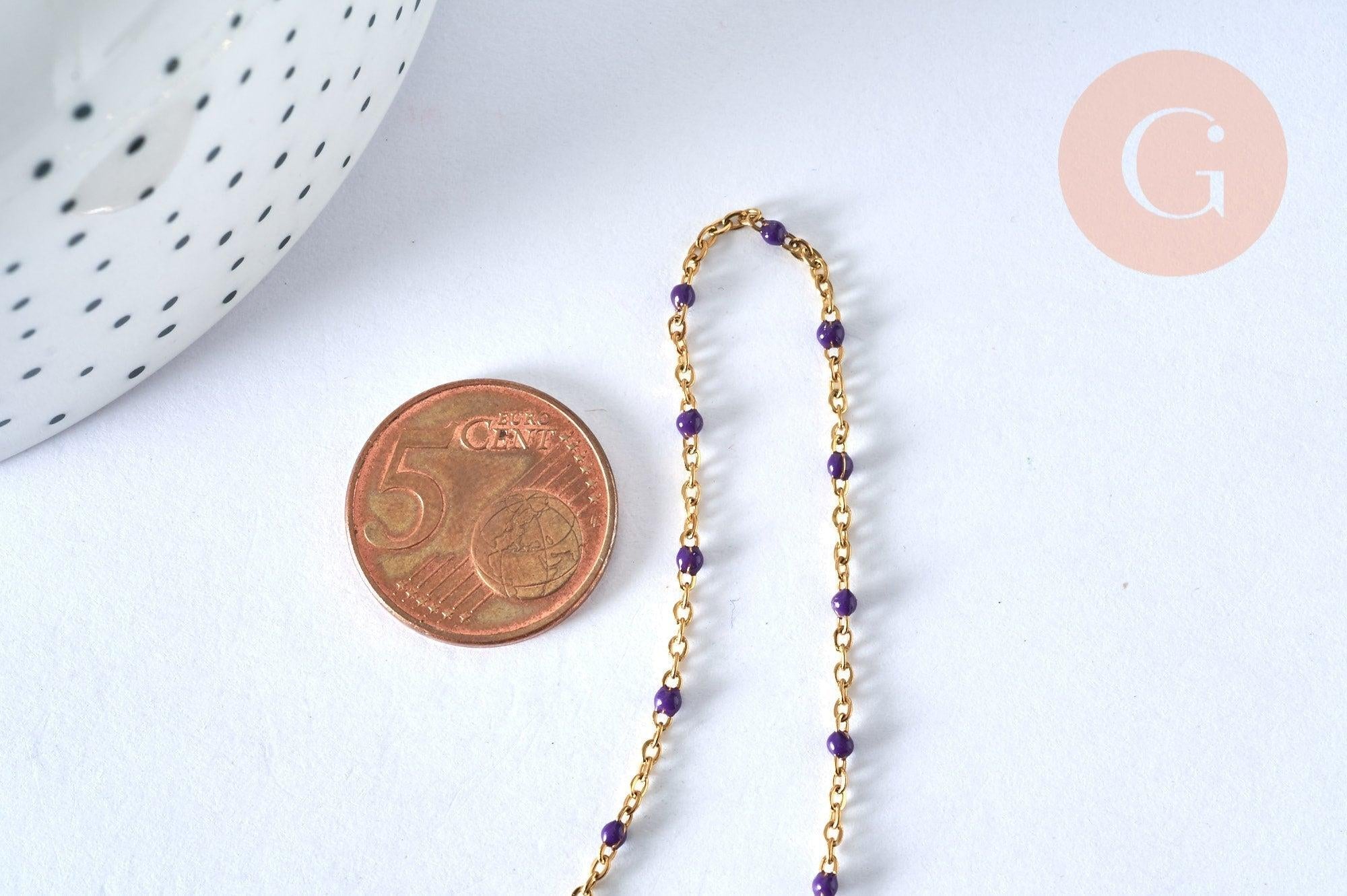 Collier Chaine complète avec fermoir acier dorée 14k fantaisie résine violette 2mm/45cm, x1 (G1385)