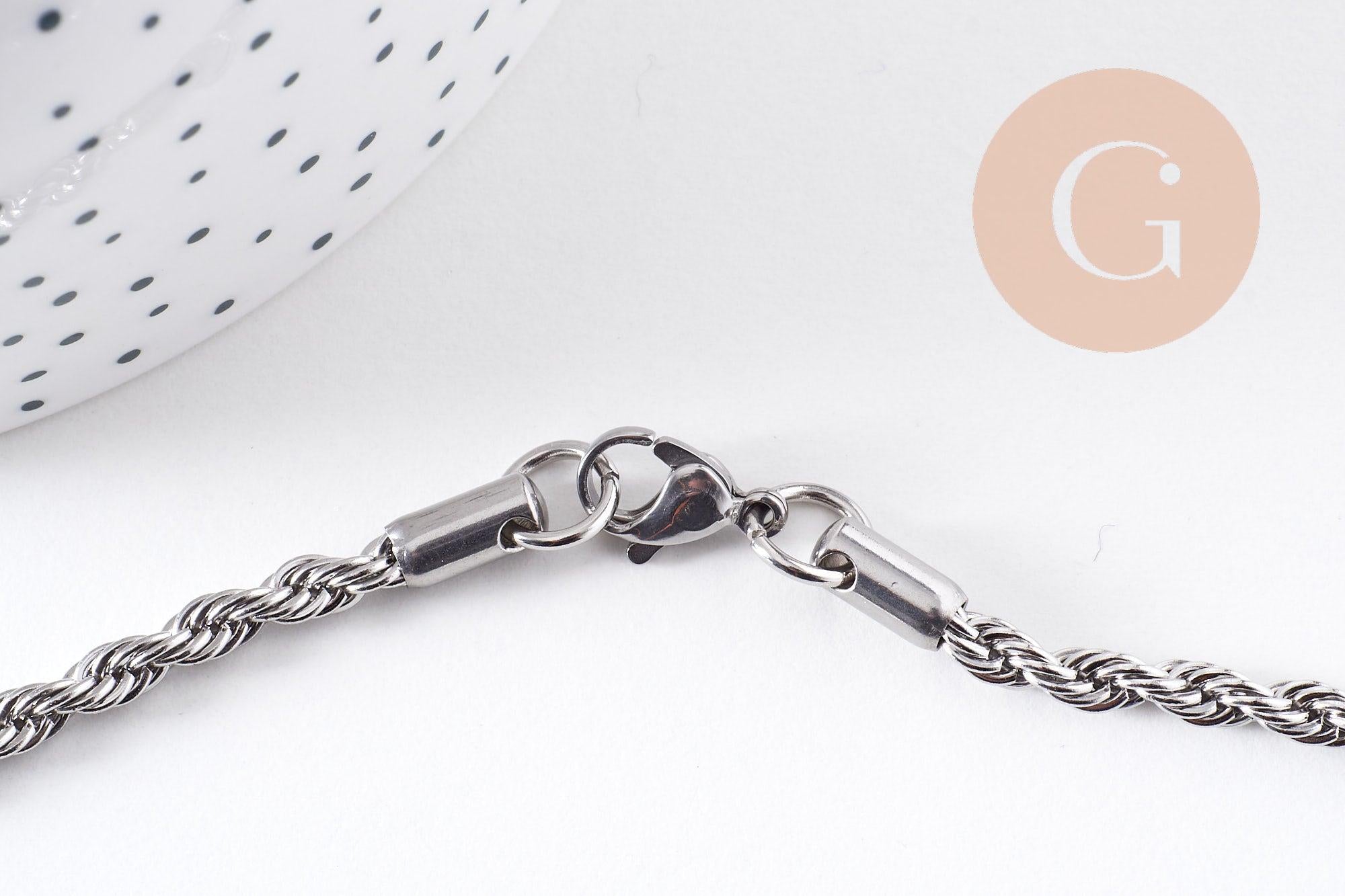 Collier Chaine complète torsadée acier 304 inoxydable platine 3.8mm/60cm, x1 (G1113)
