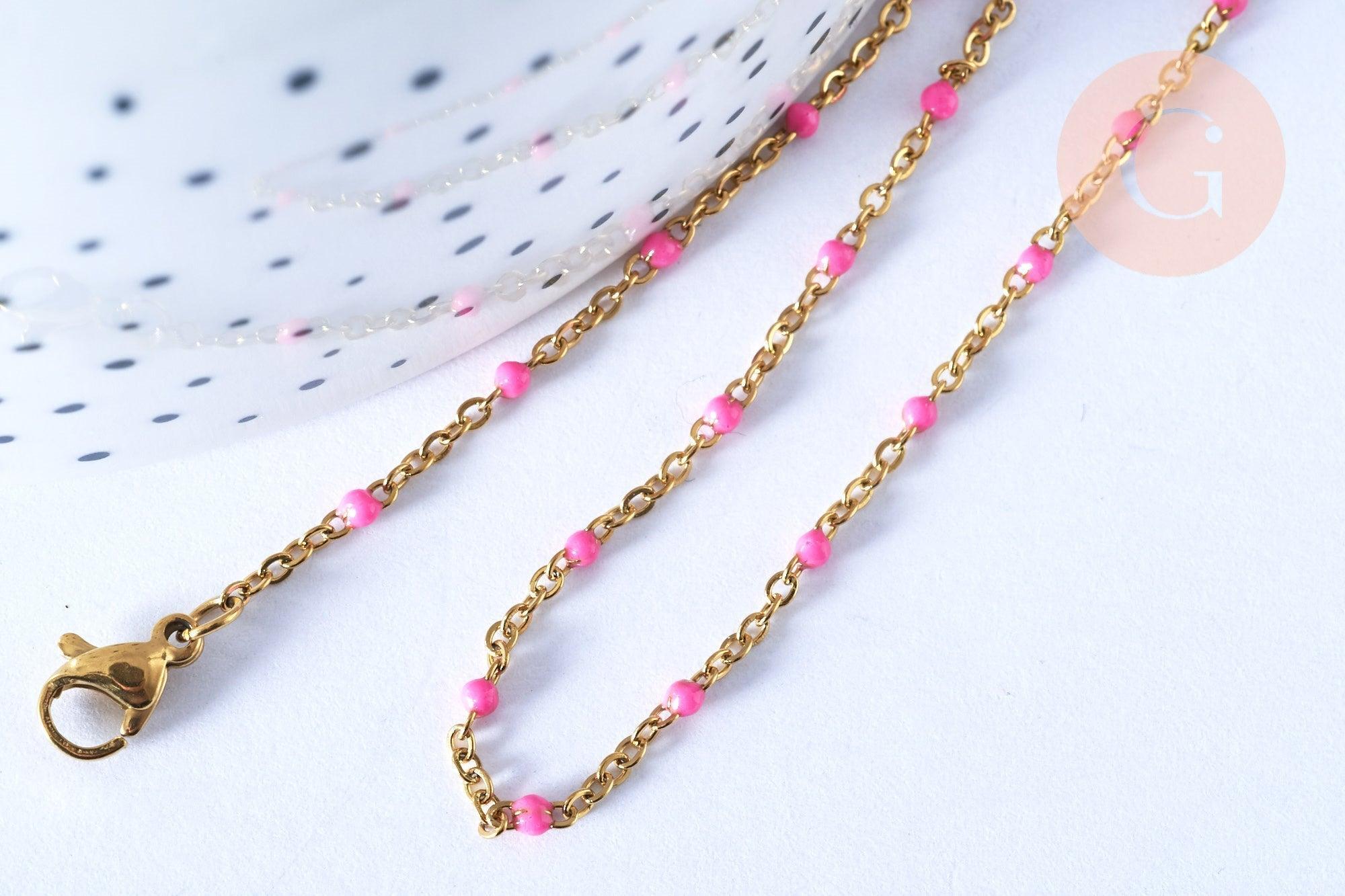 Collier Chaîne fine avec fermoir acier doré inoxydable émail rose 45cm, création bijoux fantaisie sans nickel, x1 (G7130)