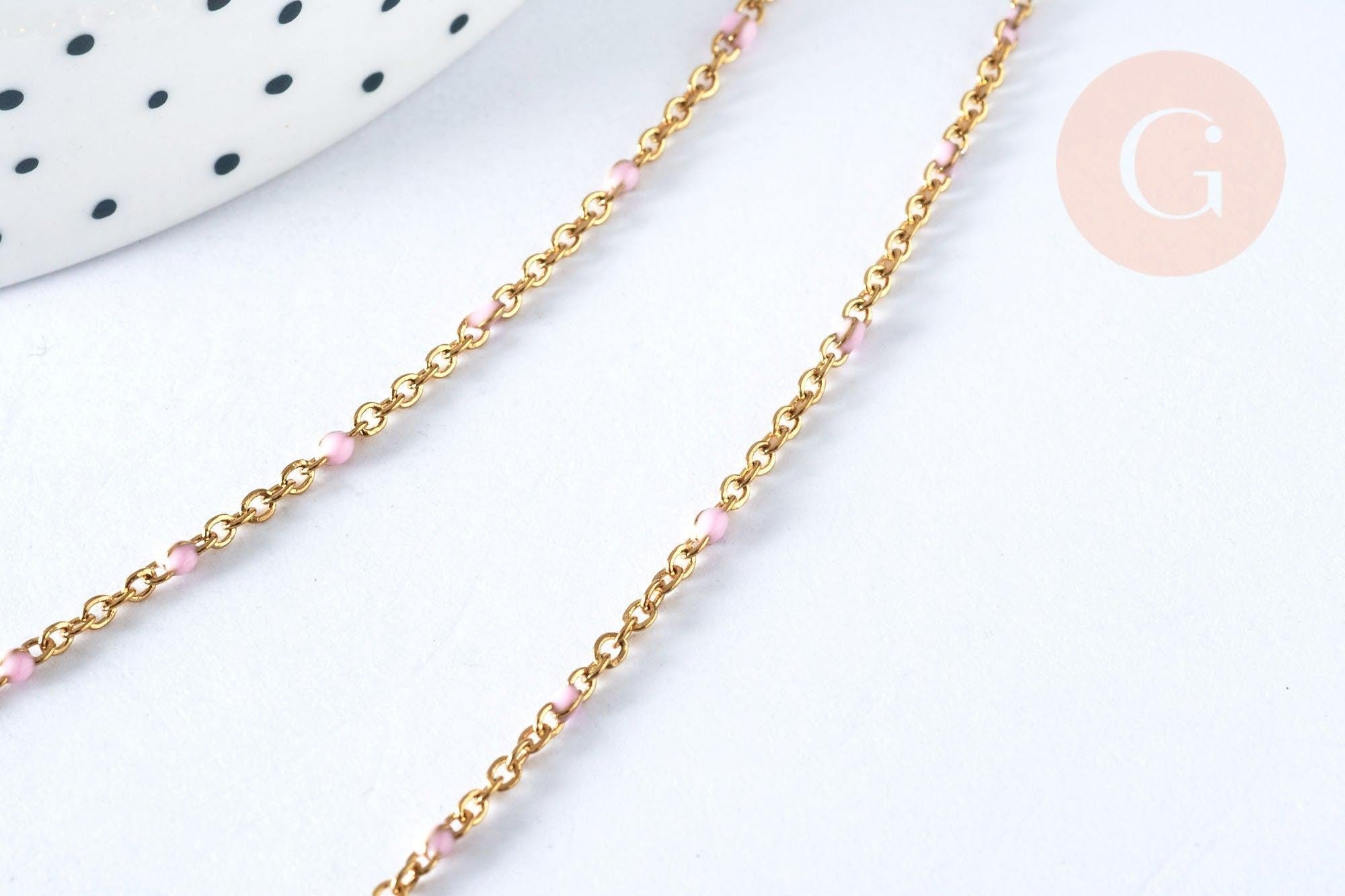 Collier Chaine laiton doré 18k fantaisie résine rose,chaine fantaisie dore,chaine complète,2mm,40cm, x1 G3488