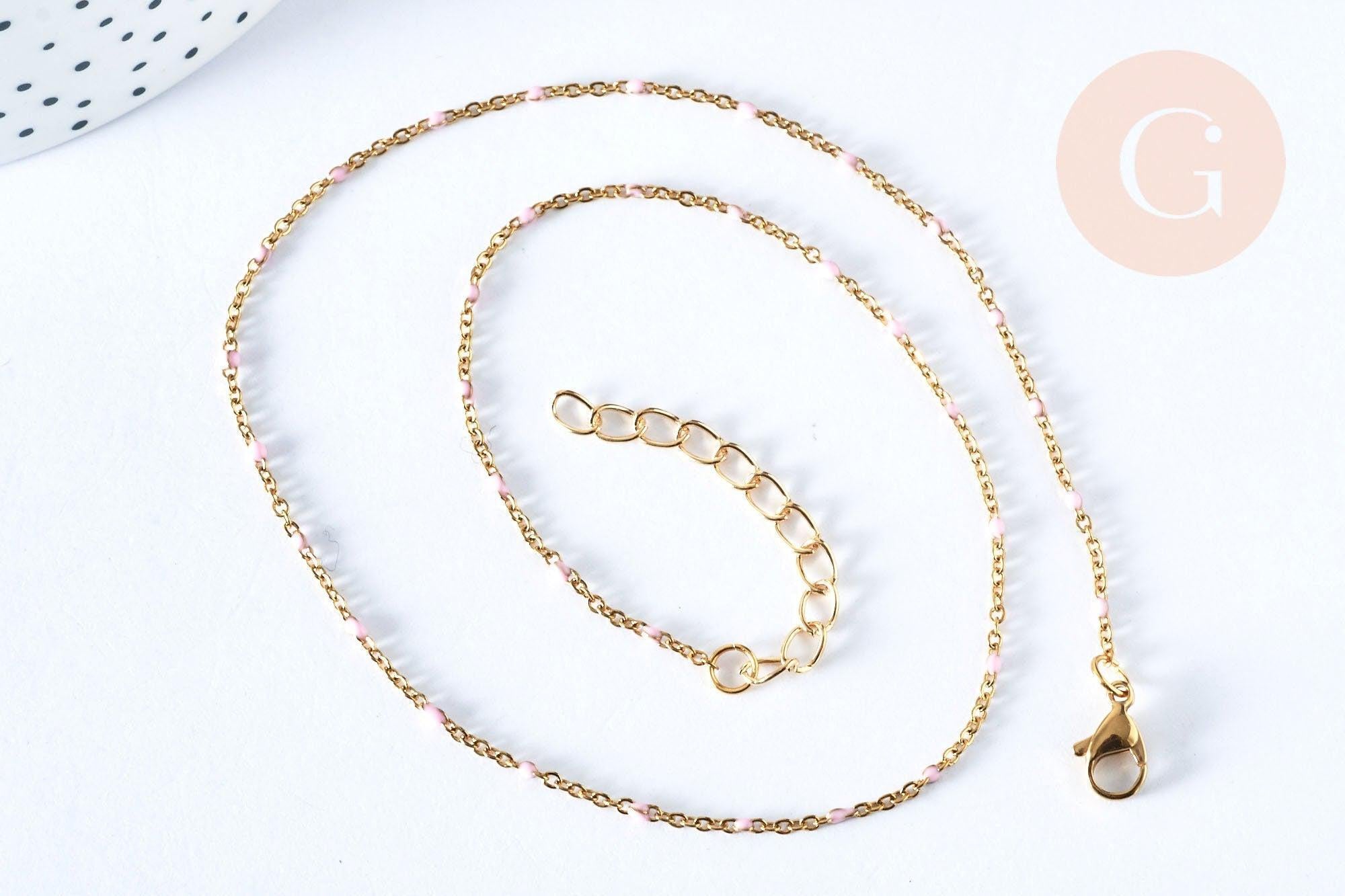 Collier Chaine laiton doré 18k fantaisie résine rose,chaine fantaisie dore,chaine complète,2mm,40cm, x1 G3488
