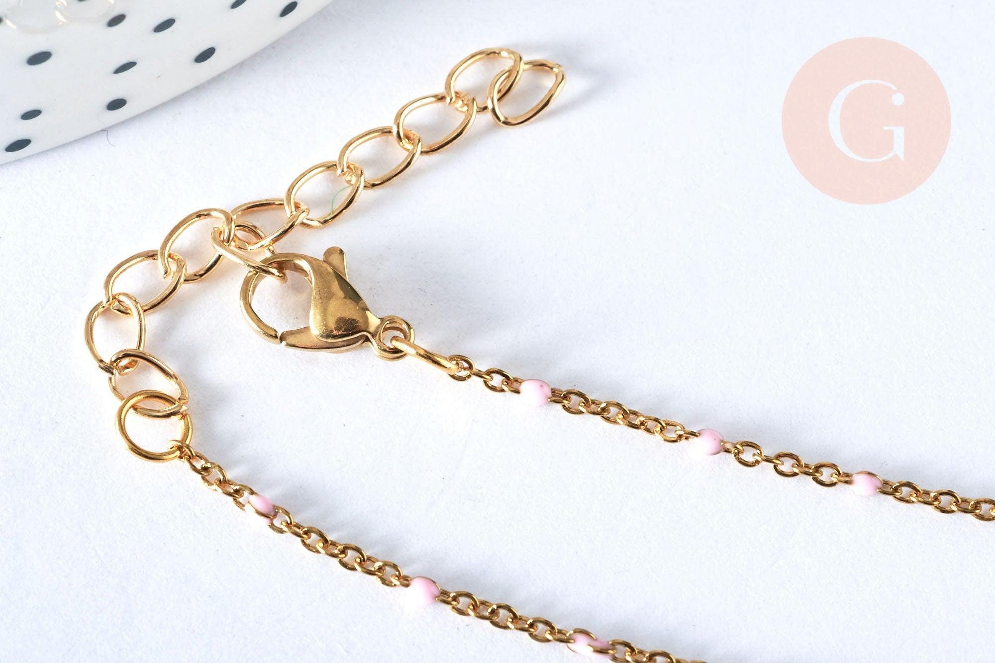 Collier Chaine laiton doré 18k fantaisie résine rose,chaine fantaisie dore,chaine complète,2mm,40cm, x1 G3488