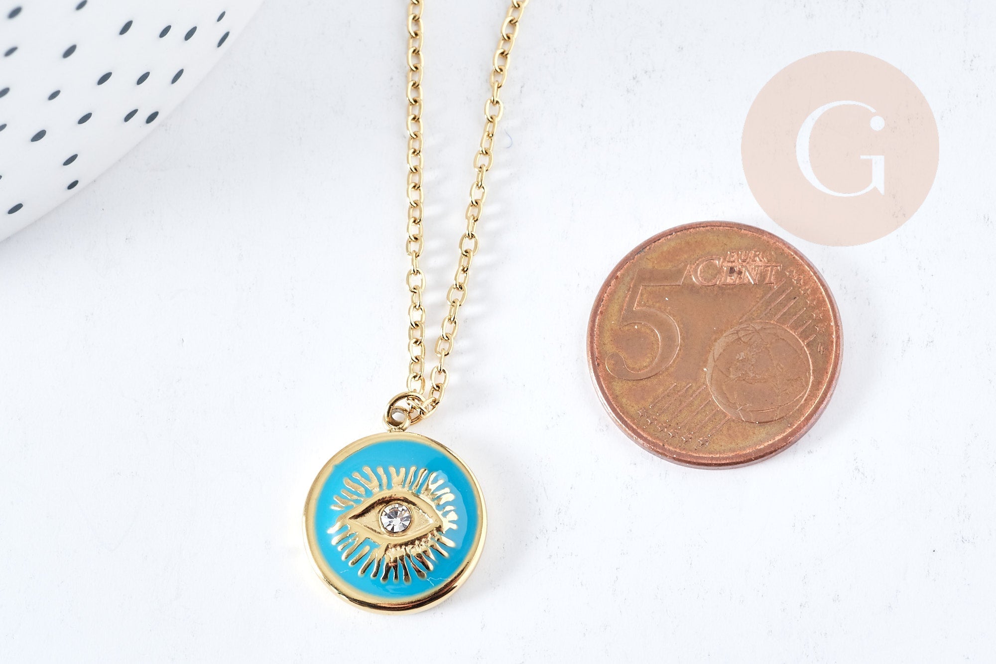Collier Collier médaille oeil protecteur turquoise ou noir zircon doré 304 inoxydable émaillé 45cm, cadeau anniversaire fête des mères, x1 (G8028)
