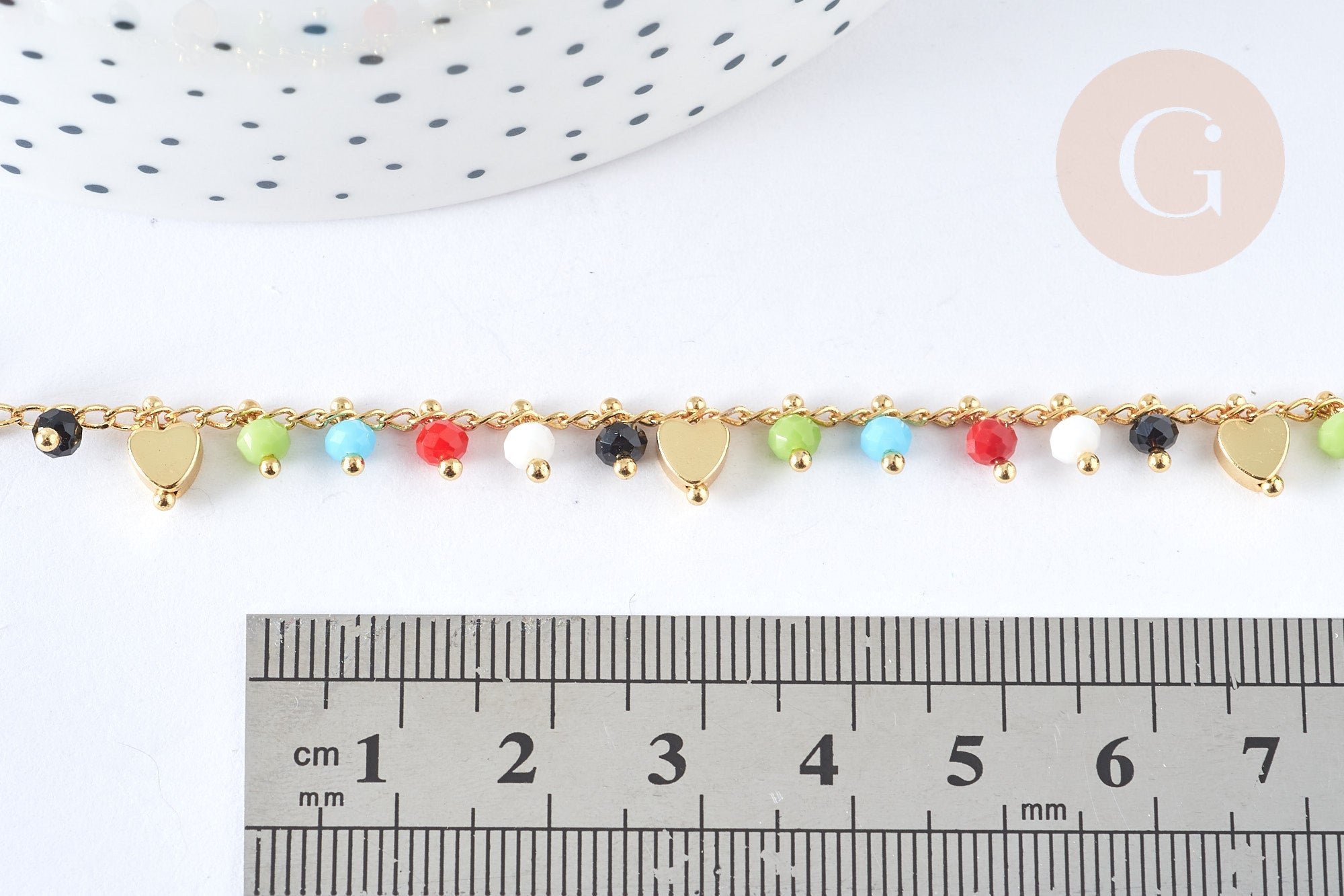 Collier Collier réglable perles de verre facettées cœurs laiton doré 38cm, bijoux fantaisie DIY, x1, G7396