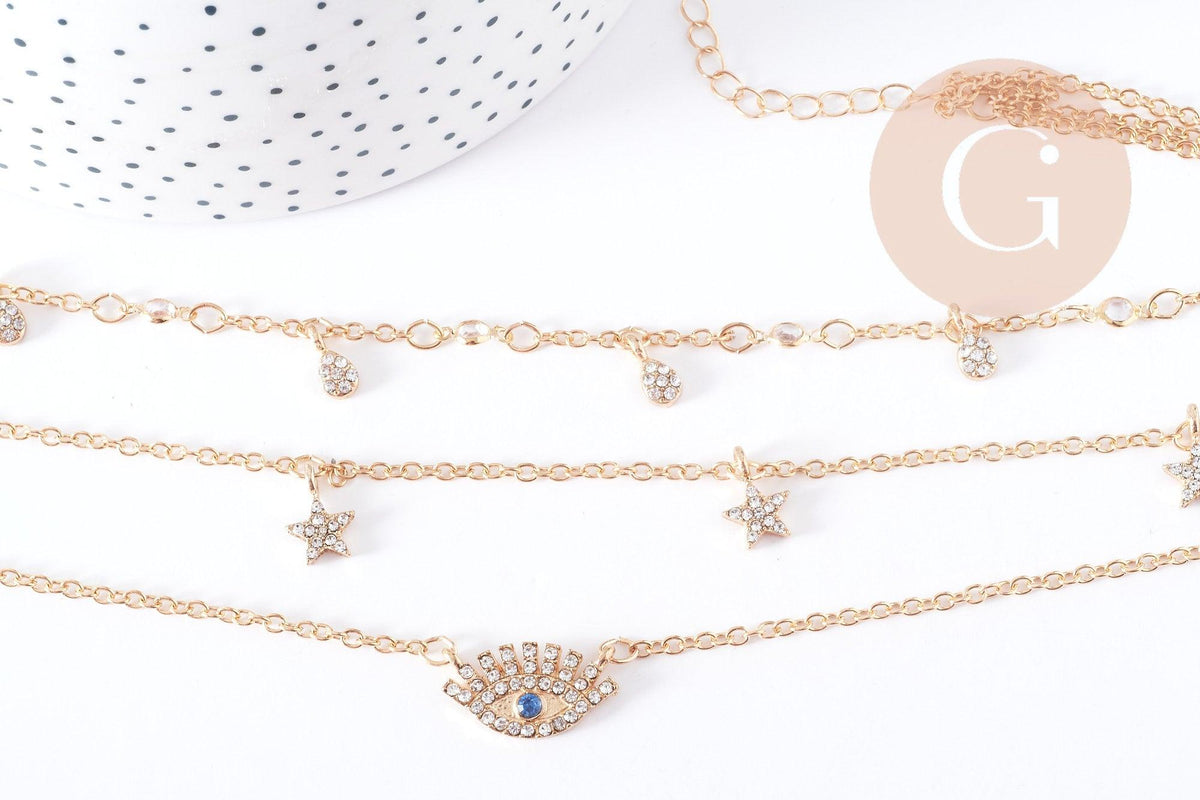Collier Triple rangs breloques chance zamac doré, X1 (G8808)