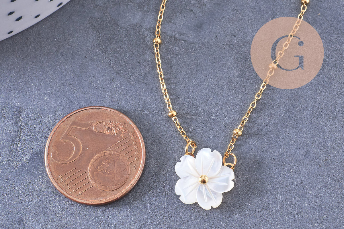 Collier Collier fleur nacre naturelle chaine acier inoxydable doré PVD 18k 45cm, x1 (10581)