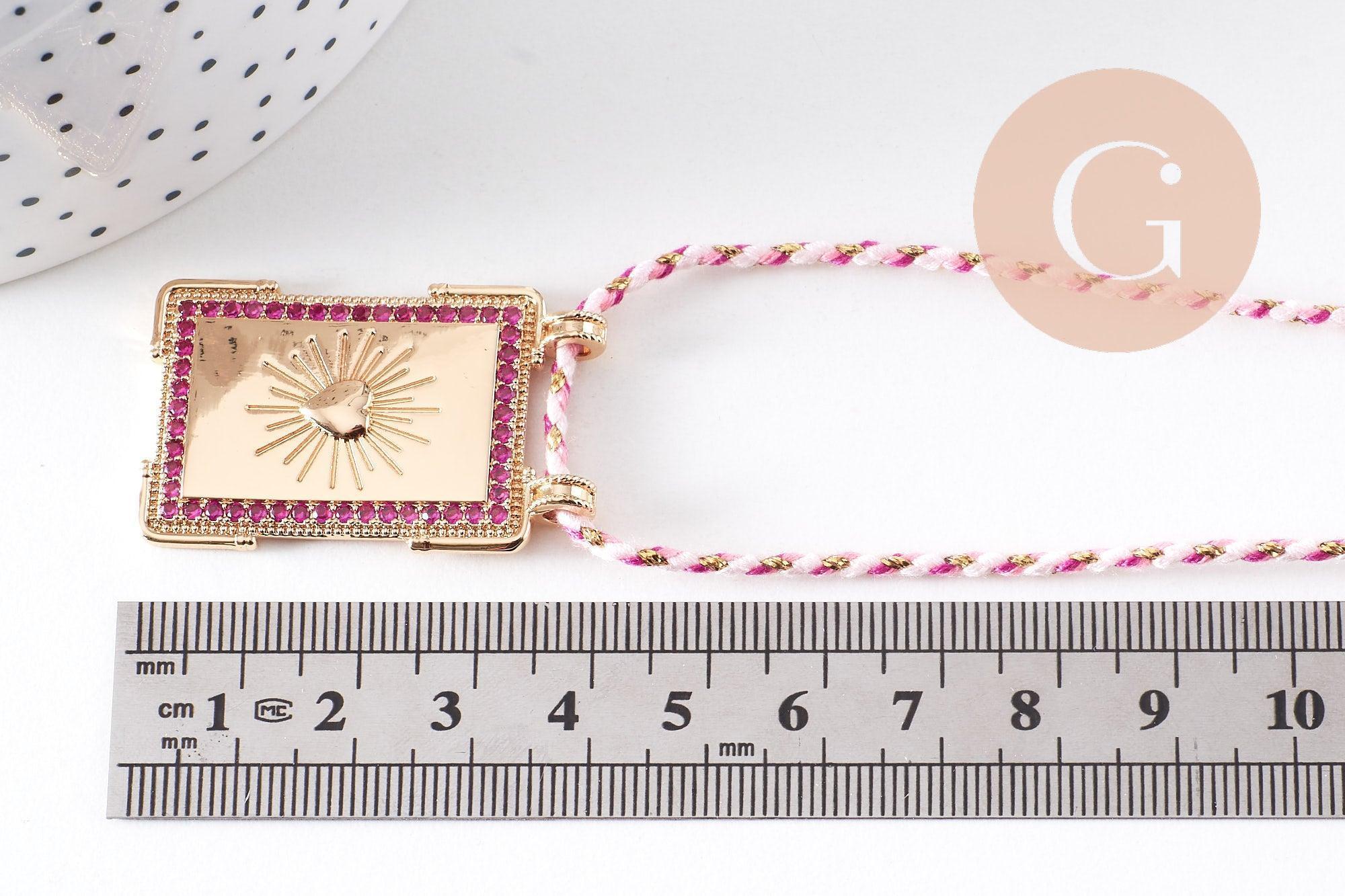 Collier médaille coeurs zircons fuchsia cordon tressé zamac doré 45cm x1 (G10364-8)