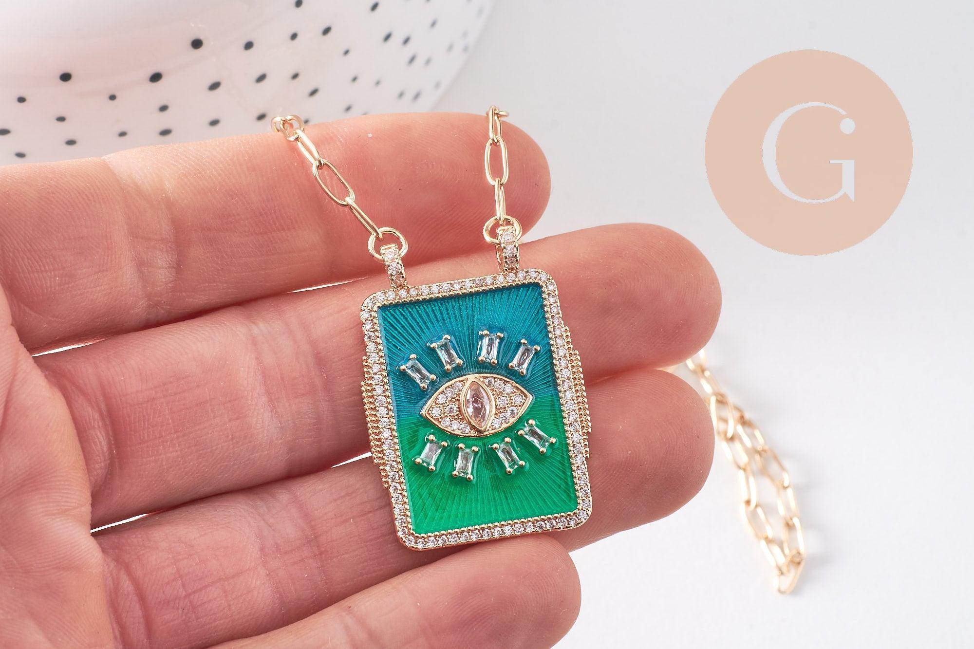 Collier médaille émaillée Oeil bleu-vert zircons chaine zamac doré 45cm x1 (G10364-3)