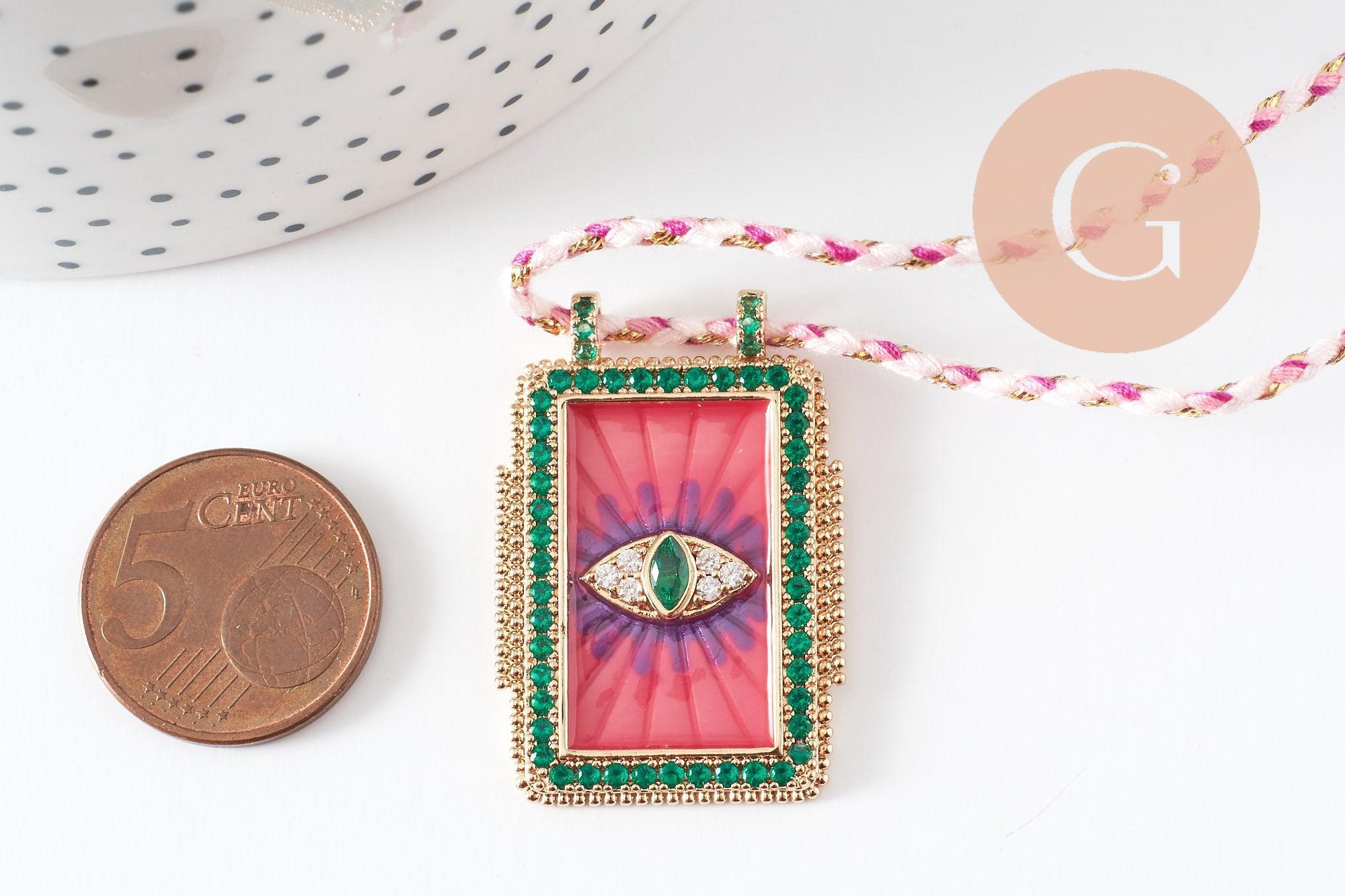 Collier médaille émaillée Oeil zircon rose vert zamac doré, collier cordon tressé 45cm x1 (G9569)
